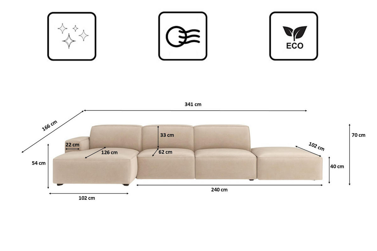 ECKSOFA Cursal L-Form, Stoff Salvador, Beige + Hocker, Links - Beige, Holz (341/166cm) - Kaiser Möbel