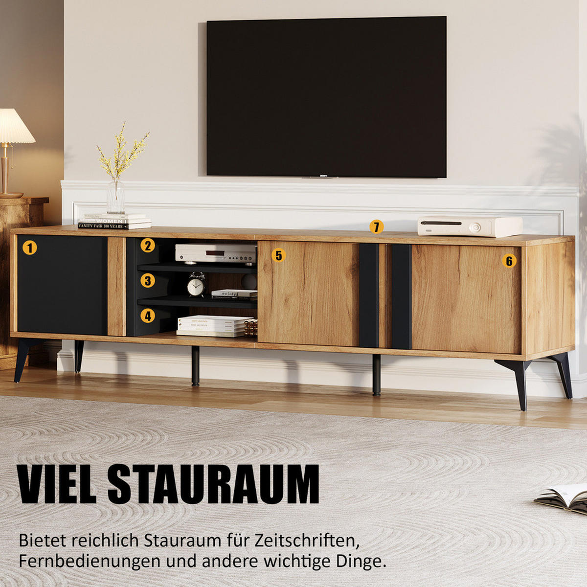 TV-SCHRANK 180cm Lowboard rustikal Braun Tür & Fach bis 80 Zoll - Schwarz, Holz (40/50/180cm) - FLIEKS