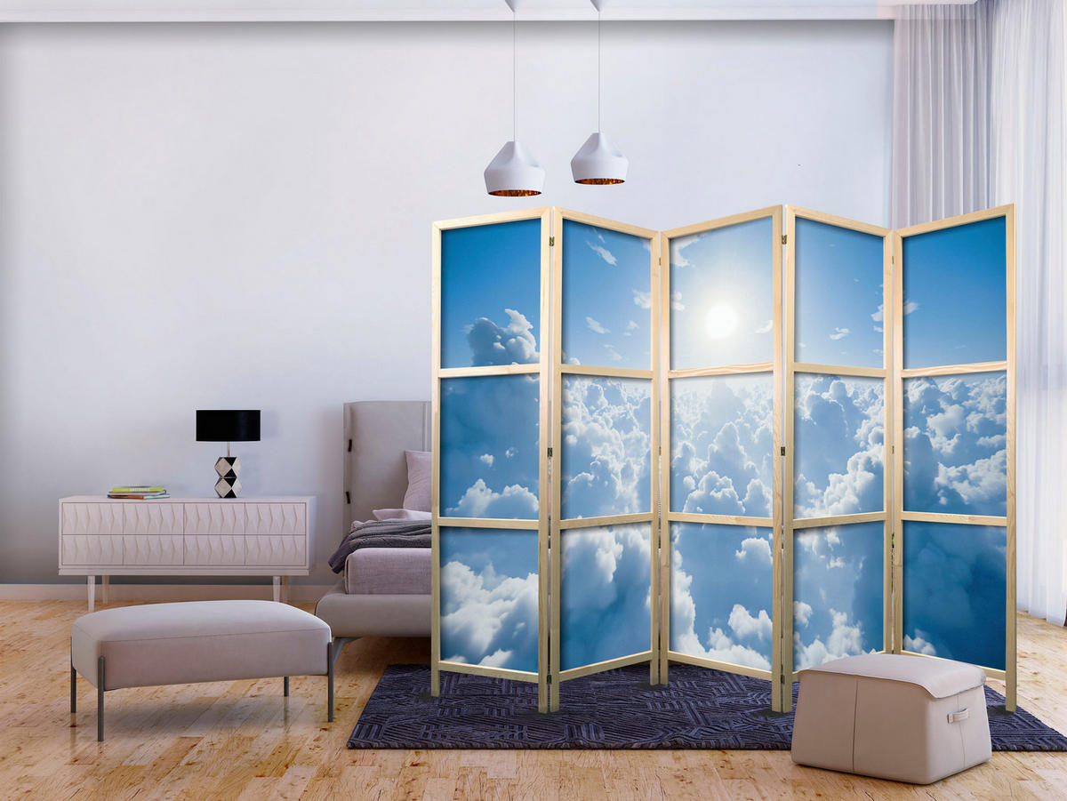 PARAVÁN Japonský 5-dielny 225x172 cm Oblaky a Slnko - modrá, drevo/textil (225/172/3cm) - Muralo