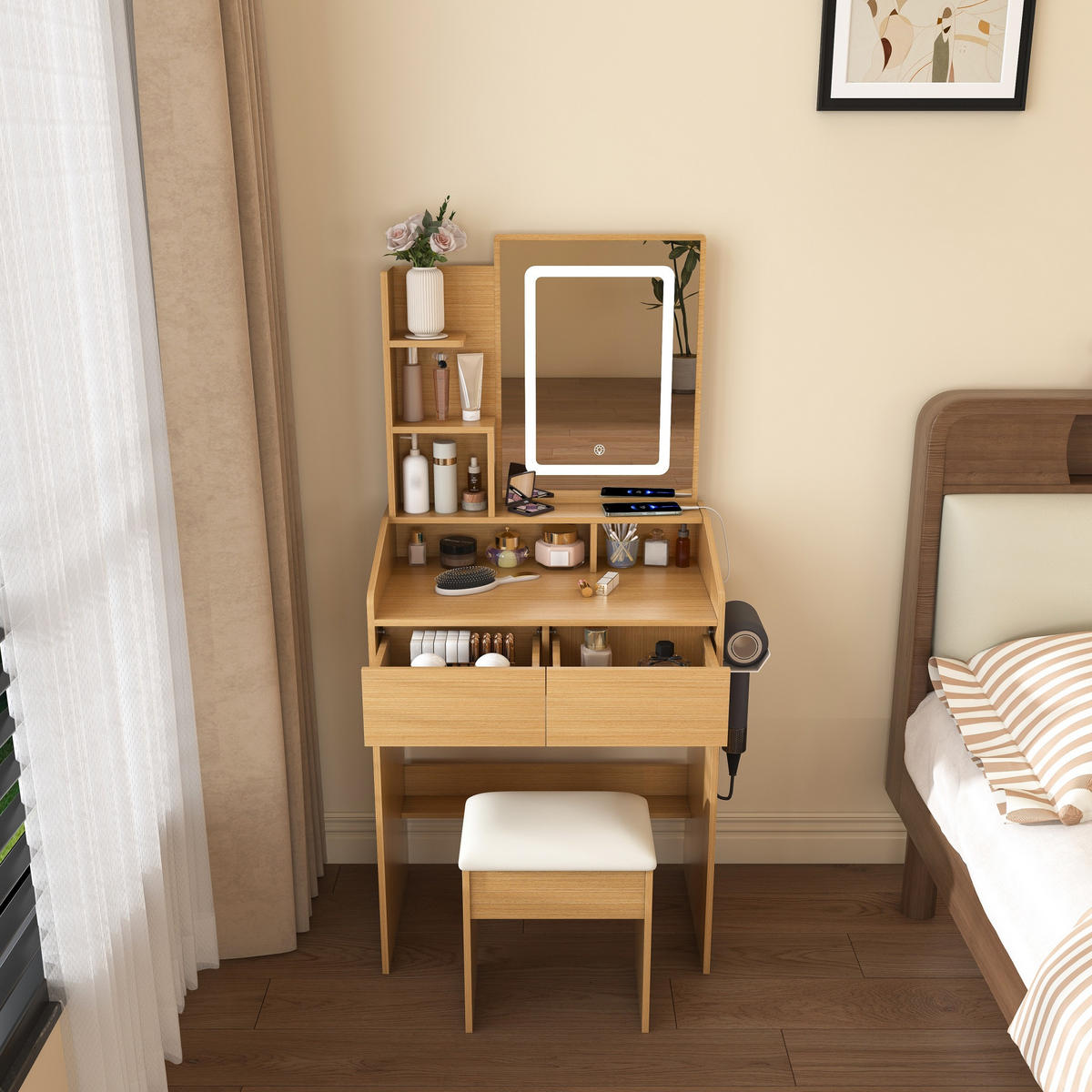 SCHMINKTISCH in Naturfarben Frisiertisch mit Hocker und LED, B60/H130/T36 cm für kleine Schlafzimmer und Wohnungen - Naturfarben, Holzwerkstoff (60/130/36cm) - STILVORA
