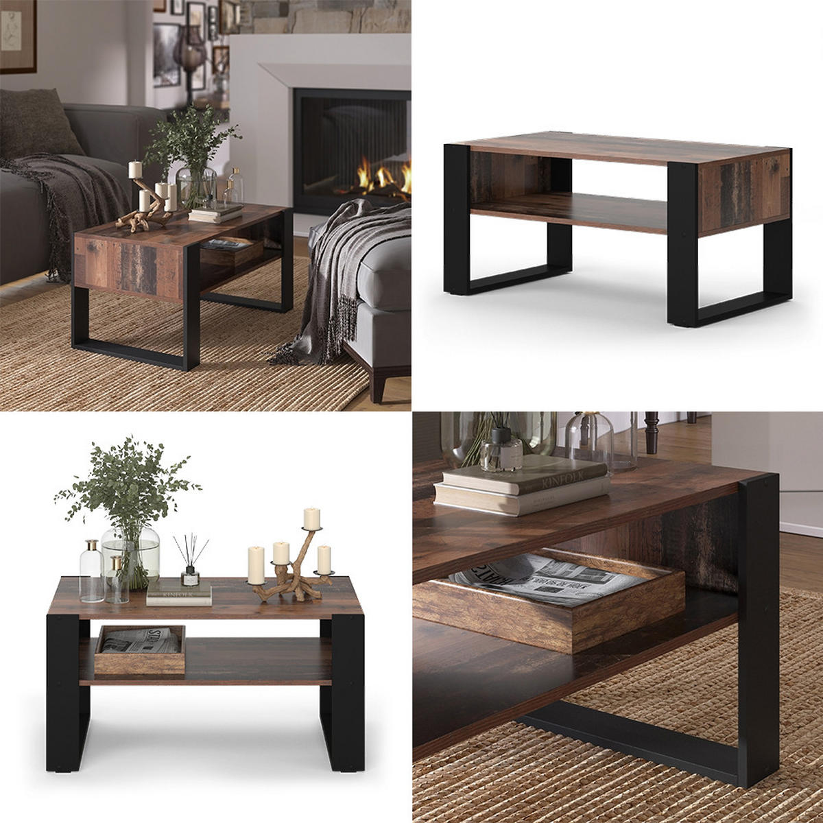 COUCHTISCH Olli Antikholz 92 x 52,4 cm mit Ablage - Eichefarben/Schwarz, Holzwerkstoff (52.4/92/45.6cm) - Vicco