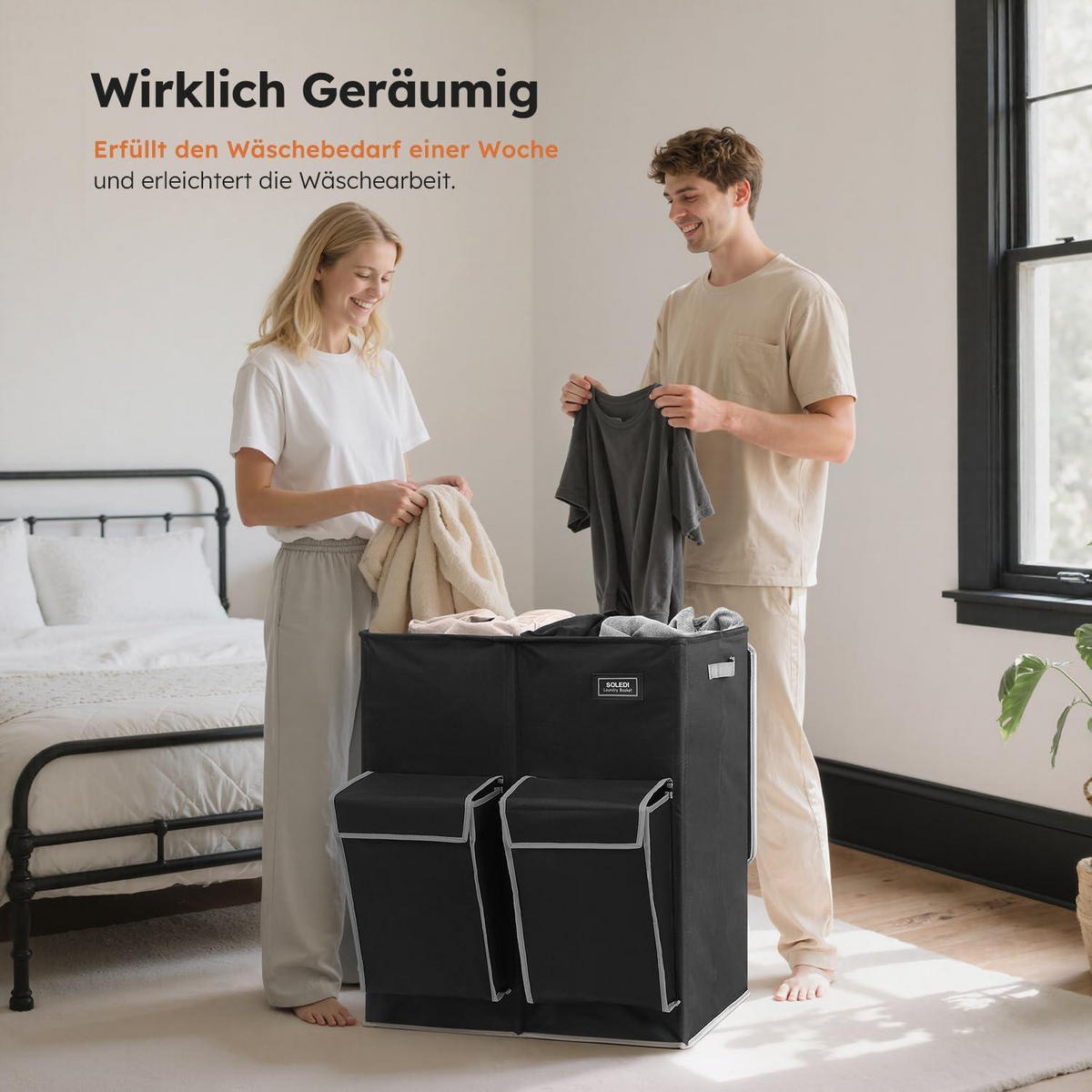 WÄSCHEKORB mit Deckel und 2 Fächern Schwarz 180L - Schwarz, Textil (39.5/70/58cm)