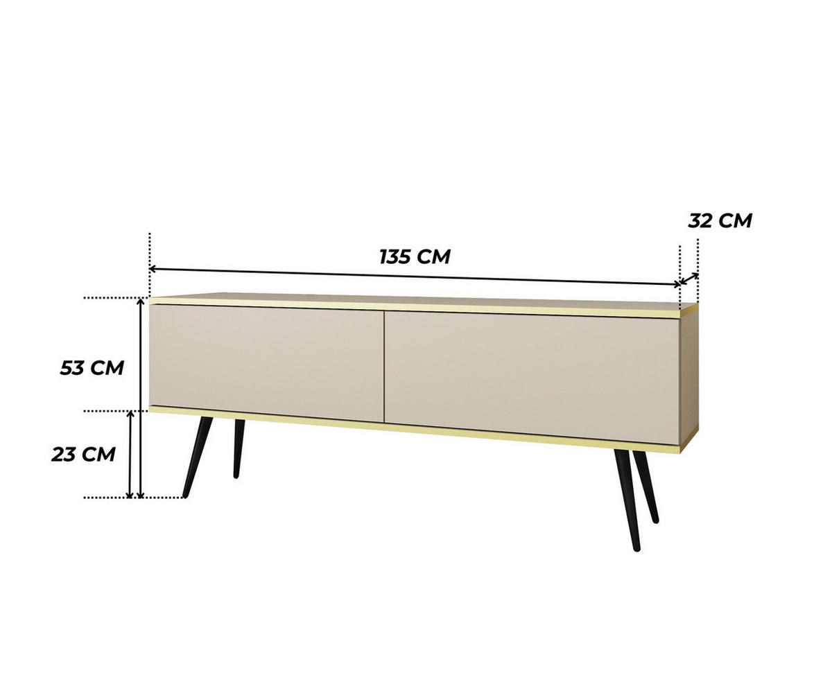 TV-LOWBOARD FORNO (Beige, Goldene Details, 2 Türen, schwarze Metallfüße, 135 cm) - Beige/Schwarz, Holz/Holzwerkstoff (135/53/32cm) - Ravio