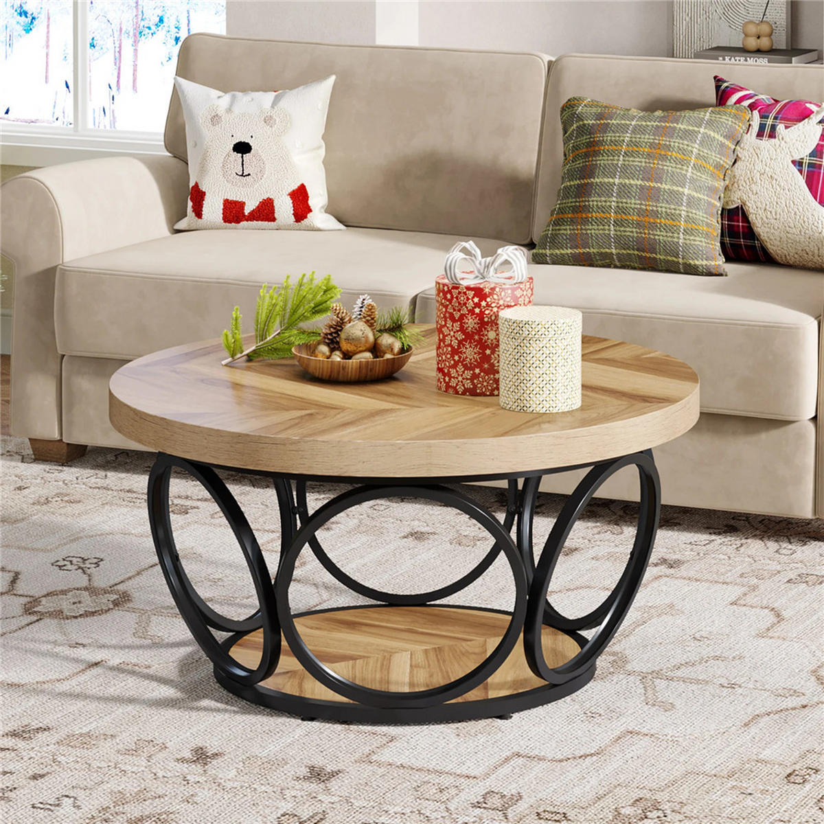 COUCHTISCH rund 80/80/42.5 cm 2 Ebenen Holz Stauraum modern - Hellbraun, Holz (80/80/42.5cm) - Kaket