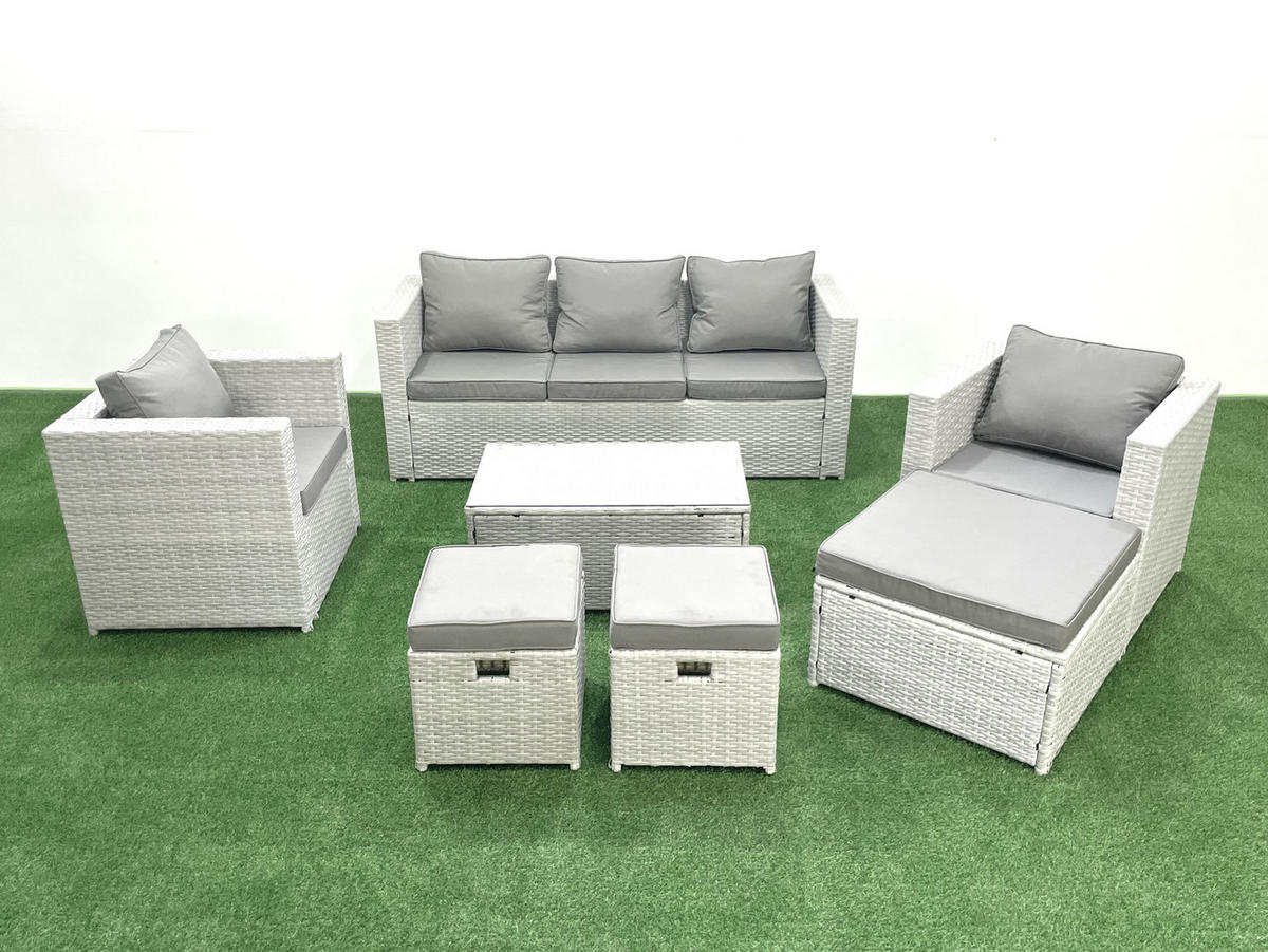 GARTENMÖBELSET mit 3-SITZER SOFA,COUCHTISCH Polyrattan Hellgrau-Mix 8-Sitzer - Hellgrau/Grau, Glas/Kunststoff - Fimous
