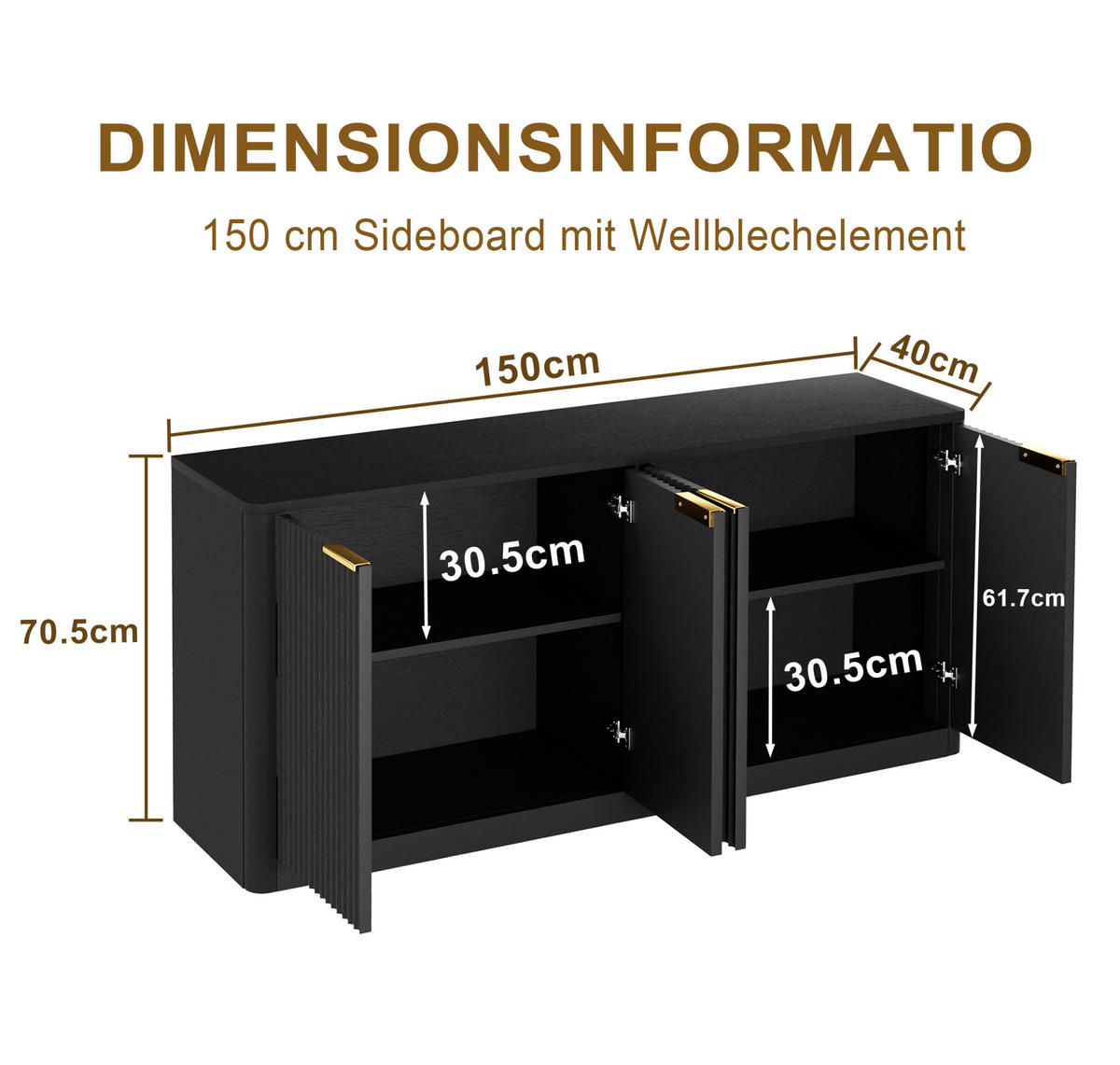 SIDEBOARD aus MDF 150x40x70 cm Schwarz mit 4 Türen und Stauraum - Schwarz, Holzwerkstoff (150/70.5/40cm) - IVMEU