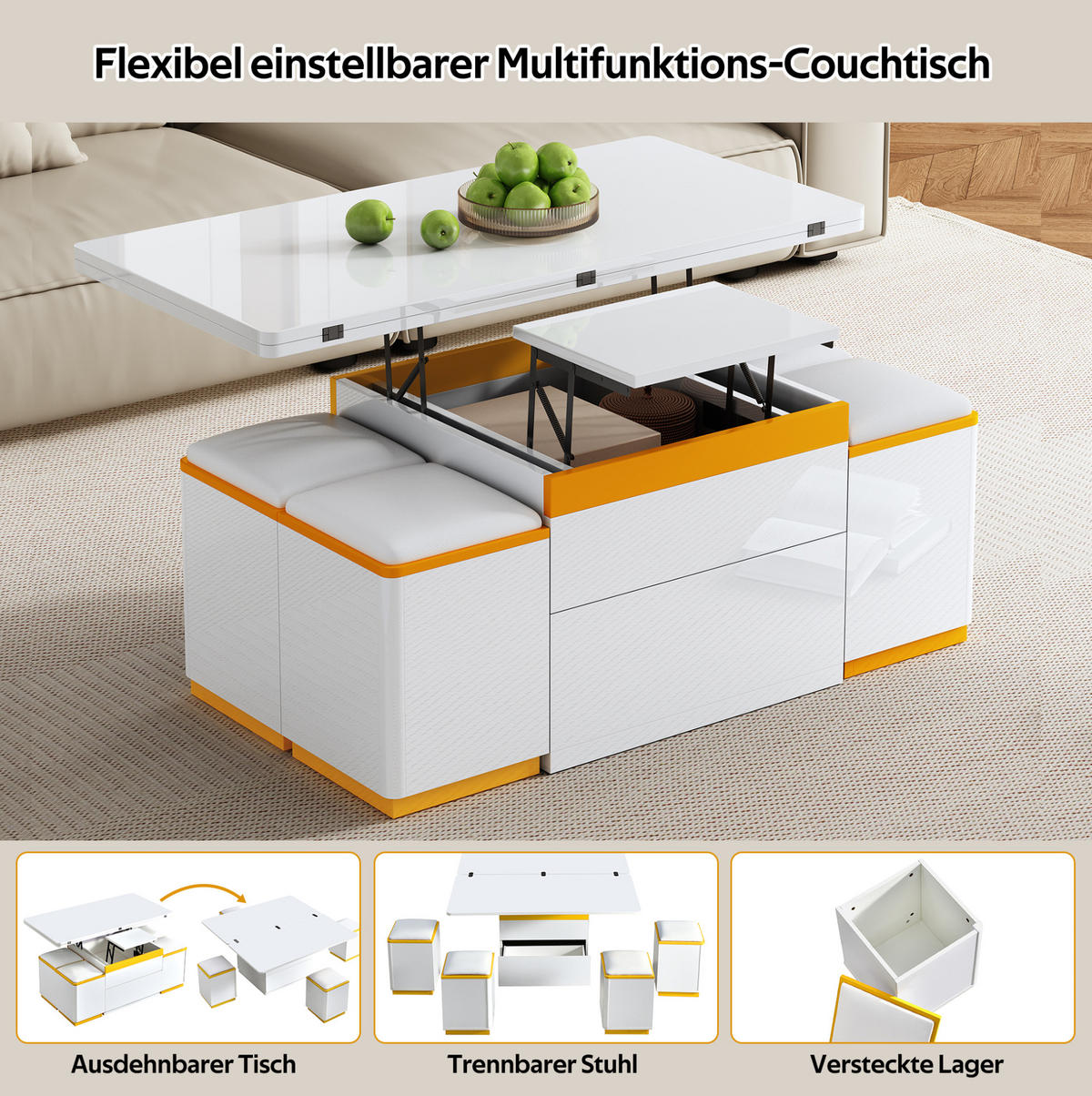 COUCHTISCH 100/50/43 cm weiß/gelb aus MDF und Spanplatte mit Hebe- und Klappfunktion - Weiß, Holzwerkstoff (100/50/43cm) - OKMYHOME