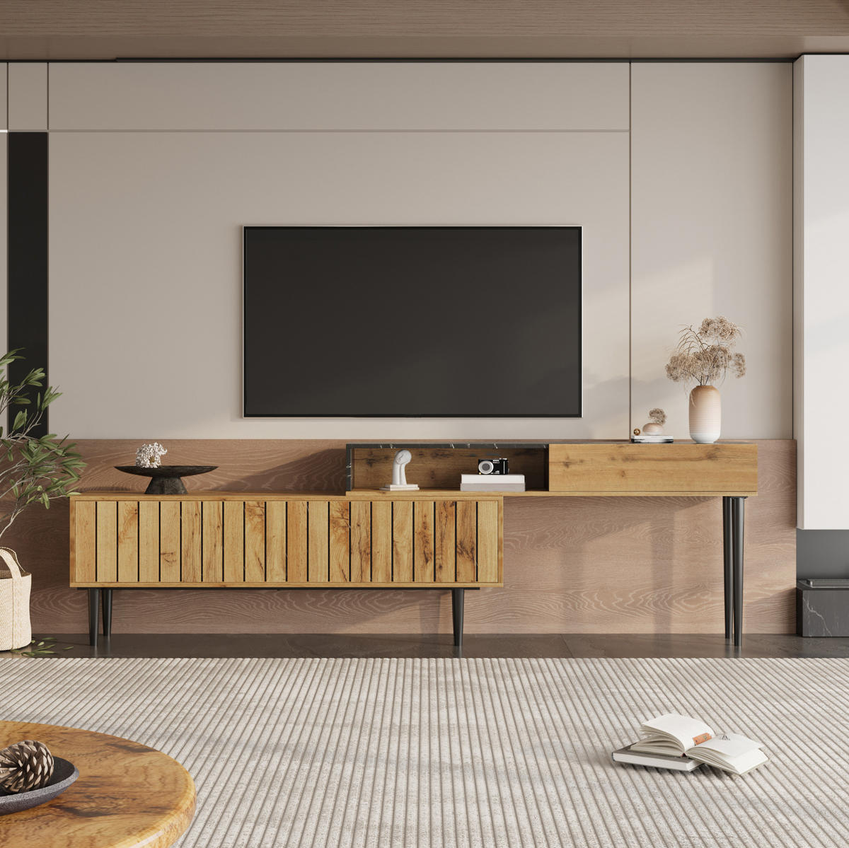 LOWBOARD Naturholz aus MDF mit PVC-Kante und Eisenbeinen - Naturfarben, Holzwerkstoff (30/58/129cm) - OKMYHOME