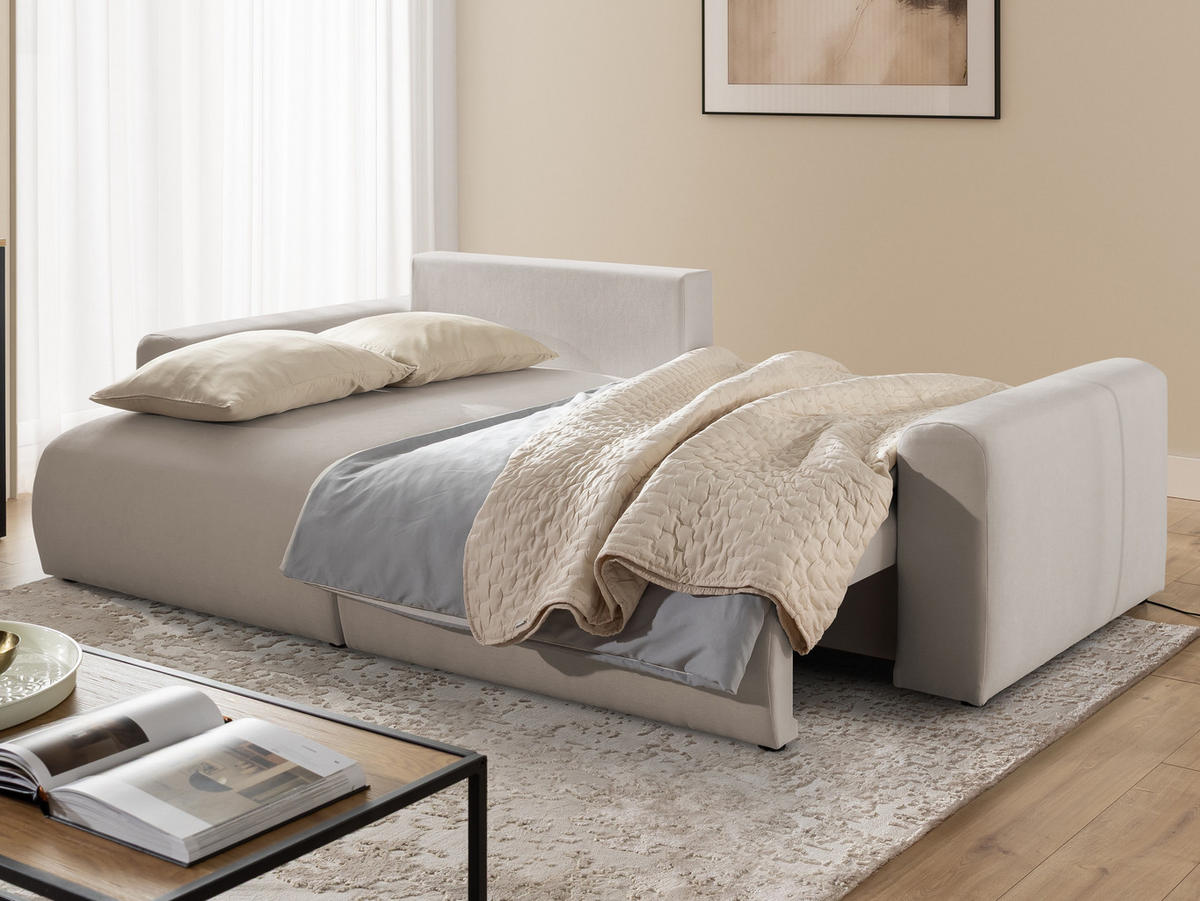 ECKSOFA Calma mit Schlaffunktion und Bettkasten im Bumpy-Design aus weichem Beige Webstoff - Ottomane links - Beige/Schwarz, Holz/Kunststoff (239/140cm) - S-Style