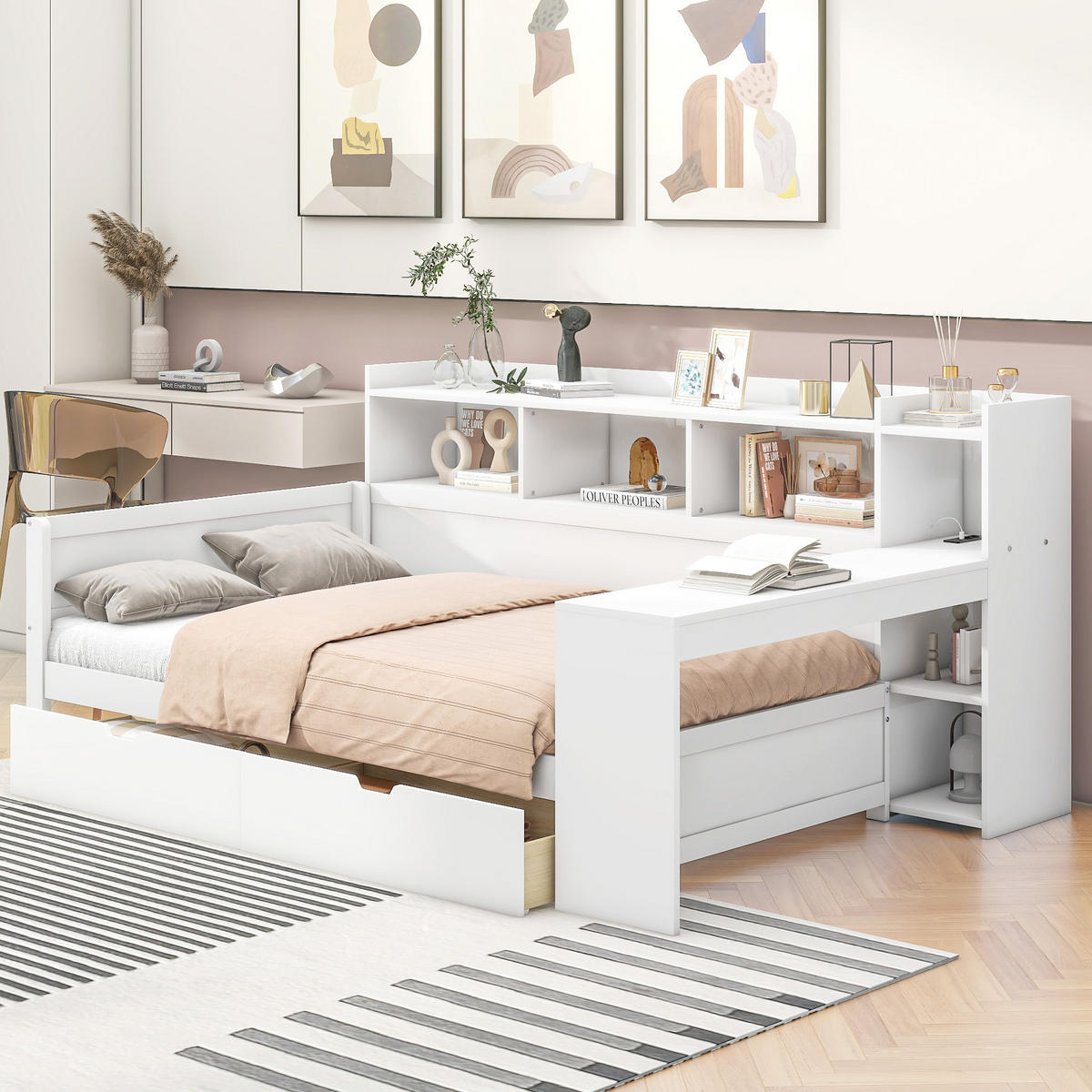 BETT 90/200 cm in Weiß mit Schreibtisch, USB-Anschluss und 2 Schubladen - Weiß, Holzwerkstoff (90/200cm) - BEAOK