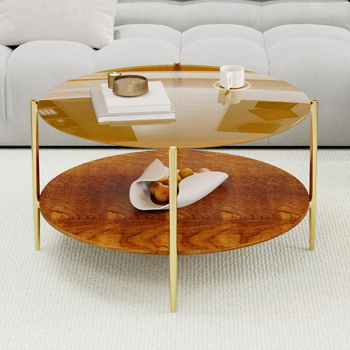 COUCHTISCH DE-37287 rund mit Goldglasplatte und zweistufigem Design Gold - Goldfarben, Metall (82/82/45cm) - ComfortXL