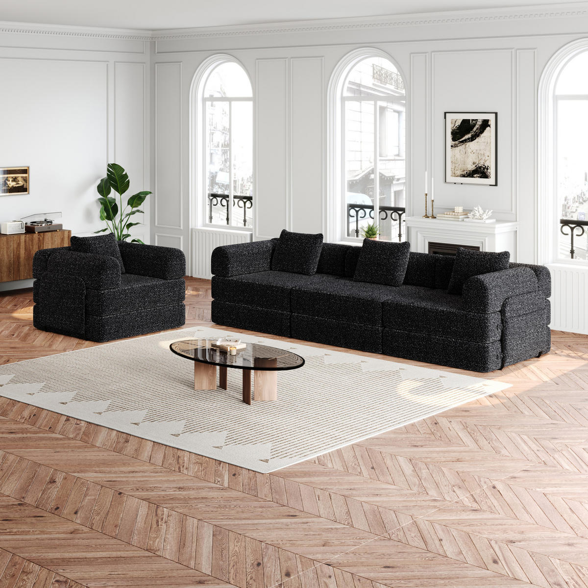 SCHLAFSOFA aus Chenille Schwarz 2-in-1 mit Armlehnen-Ablagefach und flexibler Modulnutzung - Schwarz, Textil (94/49.5/181.6cm) - Modfu