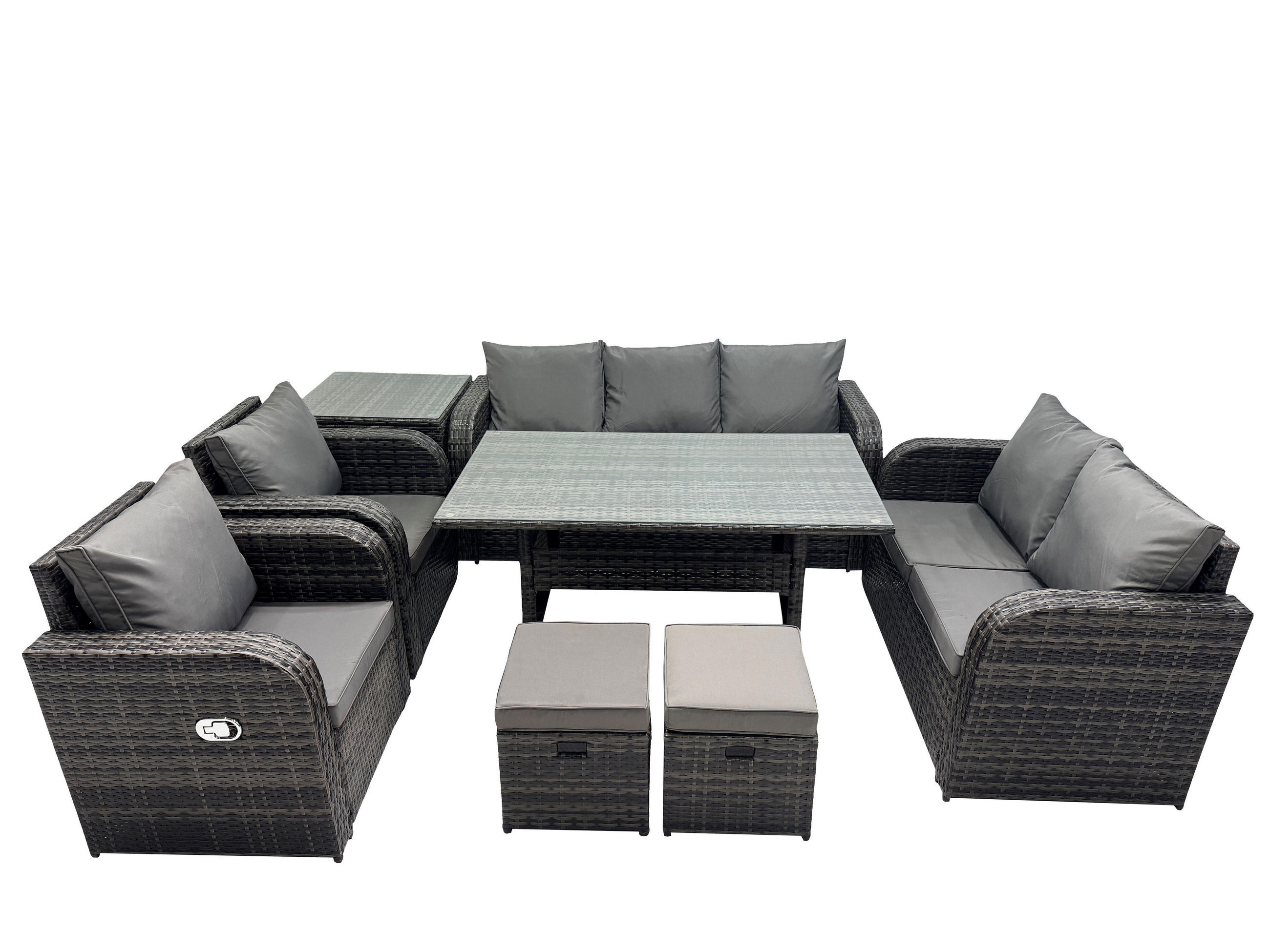 Gartenmöbelset mit Esstisch,3-Sitzer Sofa,Beistelltisch,Hocker Polyrattan Dunkelgrau 9-Sitzer - Dunkelgrau/Grau, Glas/Kunststoff - Fimous