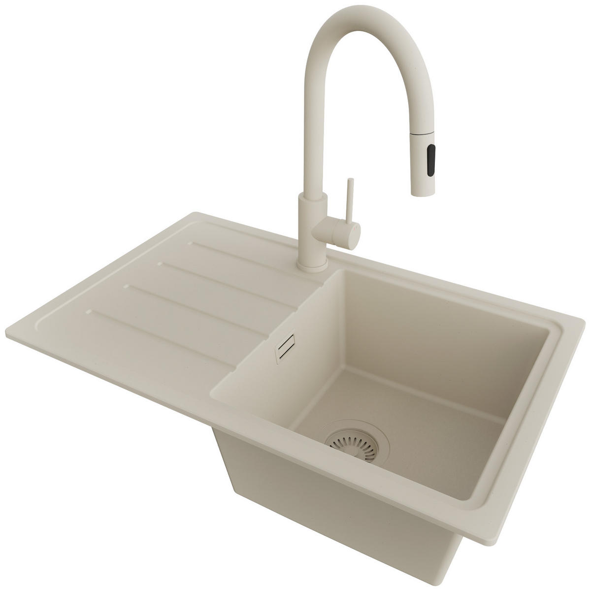 GRANITSPÜLE Kopenhagen Easy, 2-er set Beige 70/44 cm 1 Becken + Küchenarmatur 40/20 cm + Ablauf-Set ab 45er Unterschrank - Beige, Kunststoff (70/20/44cm) - Primagran