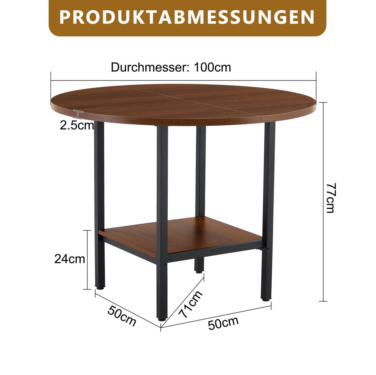 ESSTISCH aus MDF und Metall 100x100x77 cm Walnussfarben mit Stauraumablage im runden Design - Walnussfarben, Holzwerkstoff (100/100/77cm) - Modfu