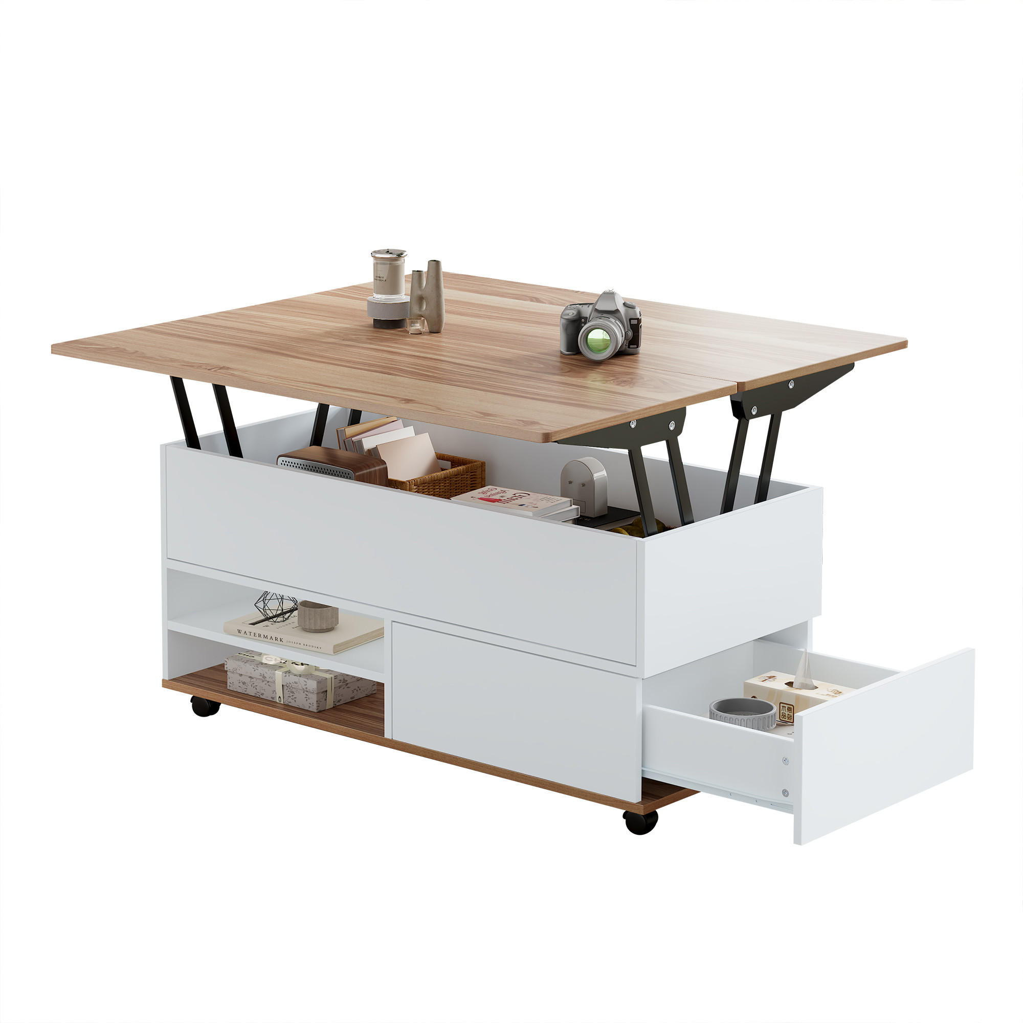 COUCHTISCH höhenverstellbar Weiß Naturholz 100x98x65cm mit Stauraum - Weiß, Holzwerkstoff (100/98/65cm) - FLIEKS