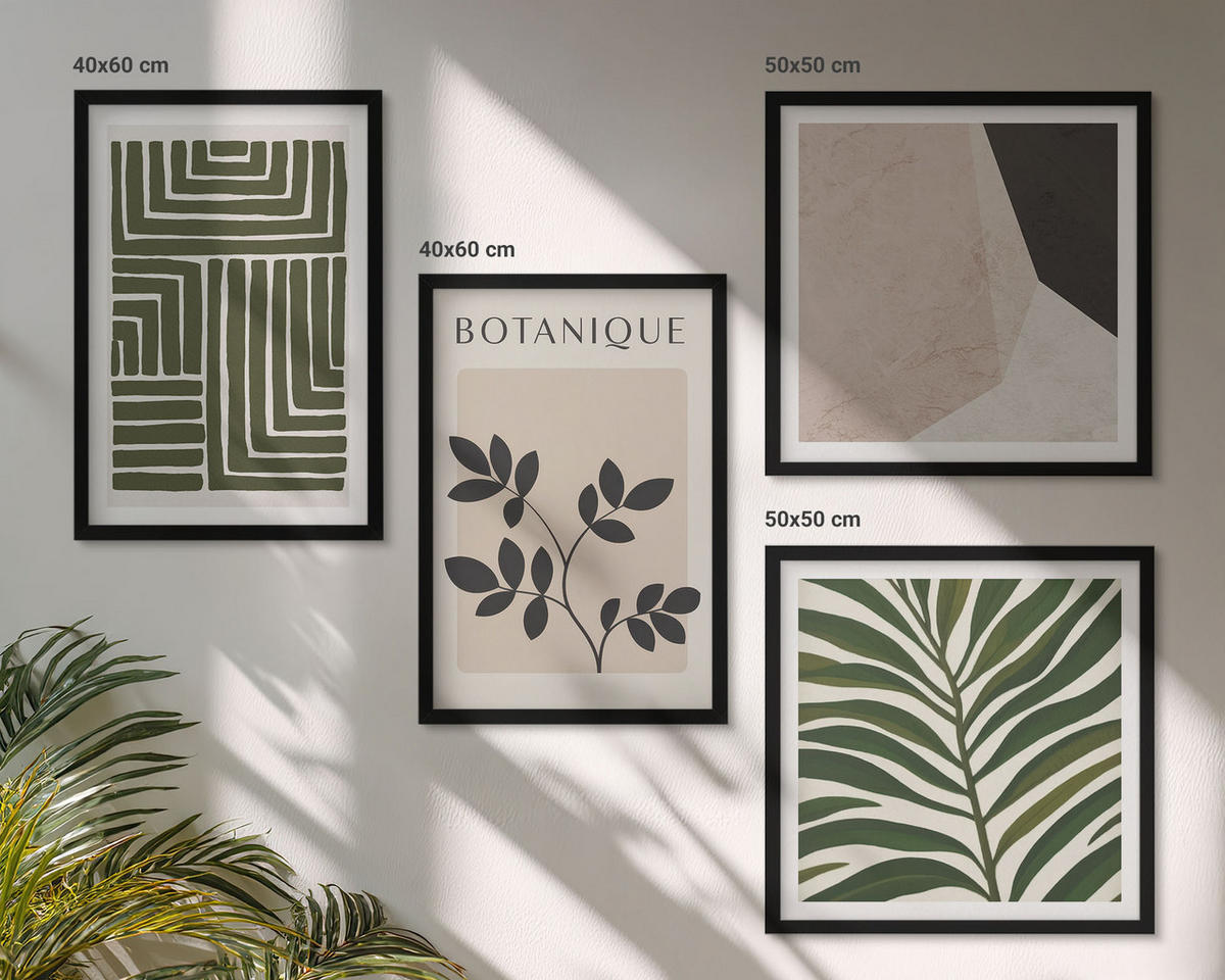 BILDER SET 4er Set - 50x50 cm & 40x60 cm Schwarzer Rahmen - Botanische Boho-Kompositionen - Schwarz, Kunststoff (50/50cm) - TULUP