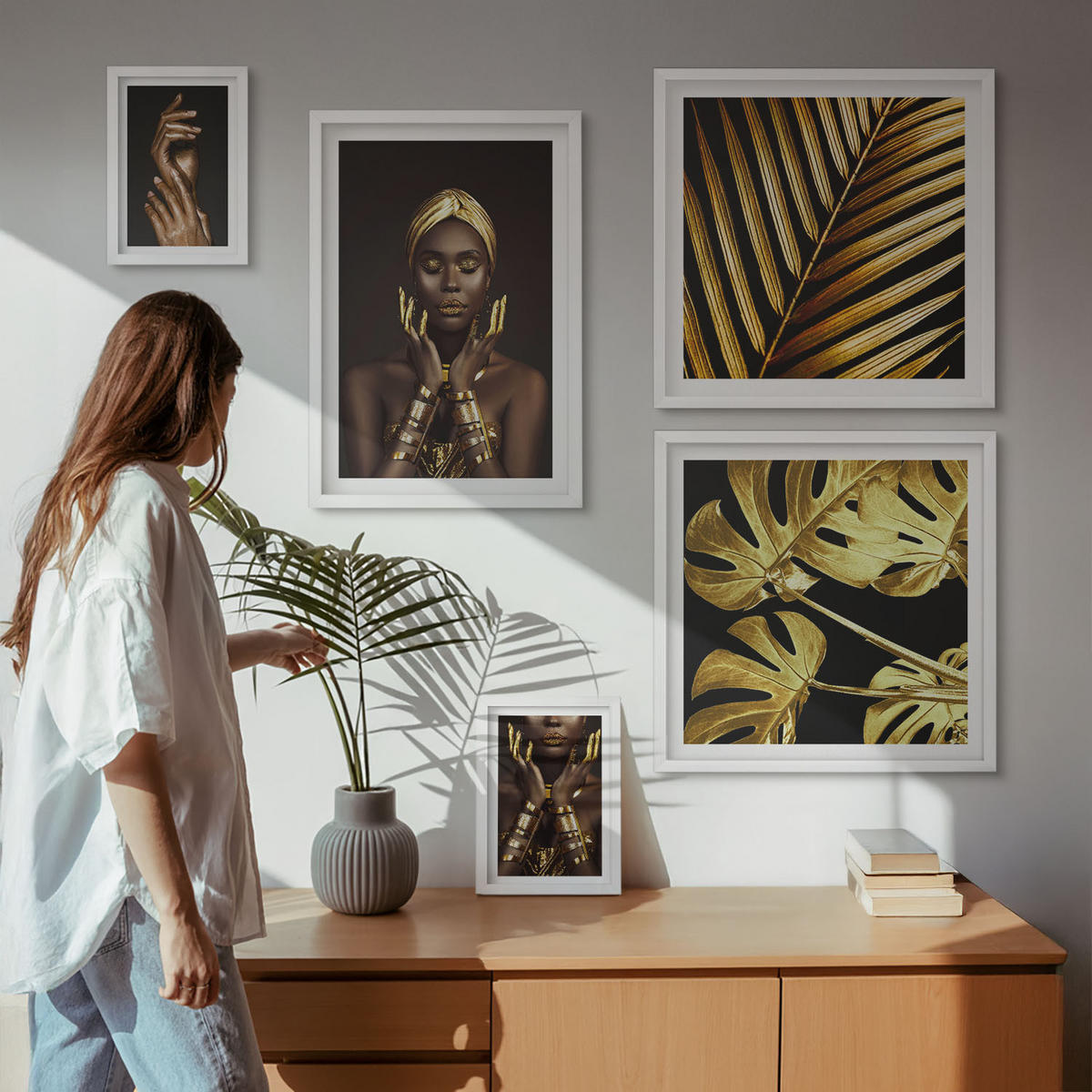 WANDBILDER 5er-Set - 50x50 cm & 20x30 cm & 40x60 cm Weißer Rahmen - Künstlerische Porträts von Frauen - Weiß, Kunststoff (40/60cm) - ArtPrintCave