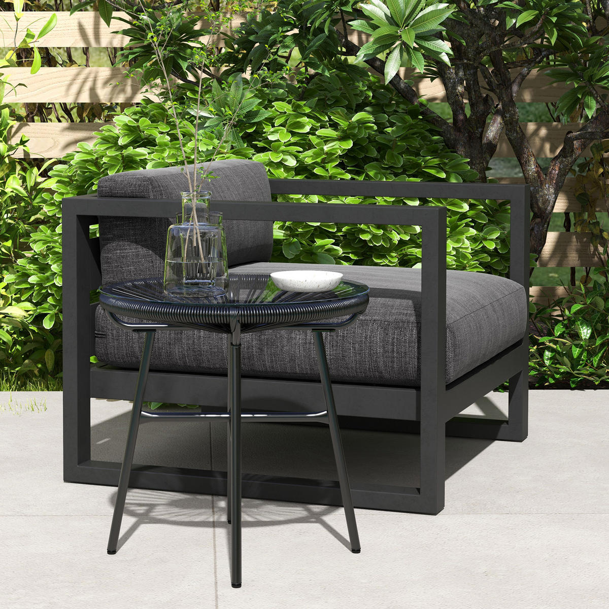 GARTENTISCH DE-06635 Outdoor Beistelltisch, PE-Rattan, gehärtetes Glas Schwarz - Schwarz, Kunststoff/Metall (50/50/50cm) - ComfortXL