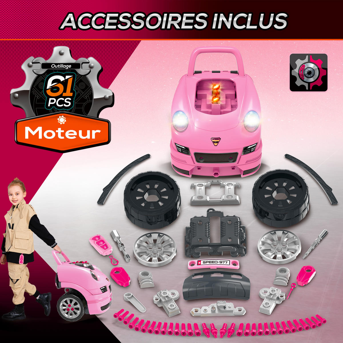 SPIELZEUG-LKW DE-18727 2-in-1 Mechaniker-Set mit Licht & Sound Rosa - Pink, Kunststoff (99.06/119.38/101.6cm) - ComfortXL