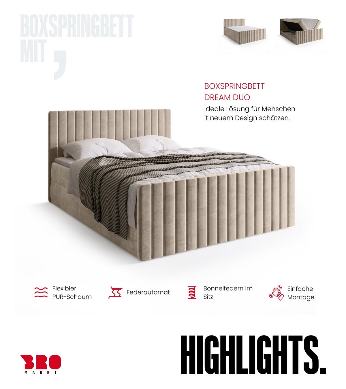 BOXSPRINGBETT Dream Duo mit Topper 160/200 Beige - Ecru, Kunststoff (160/200cm) - Bromarkt