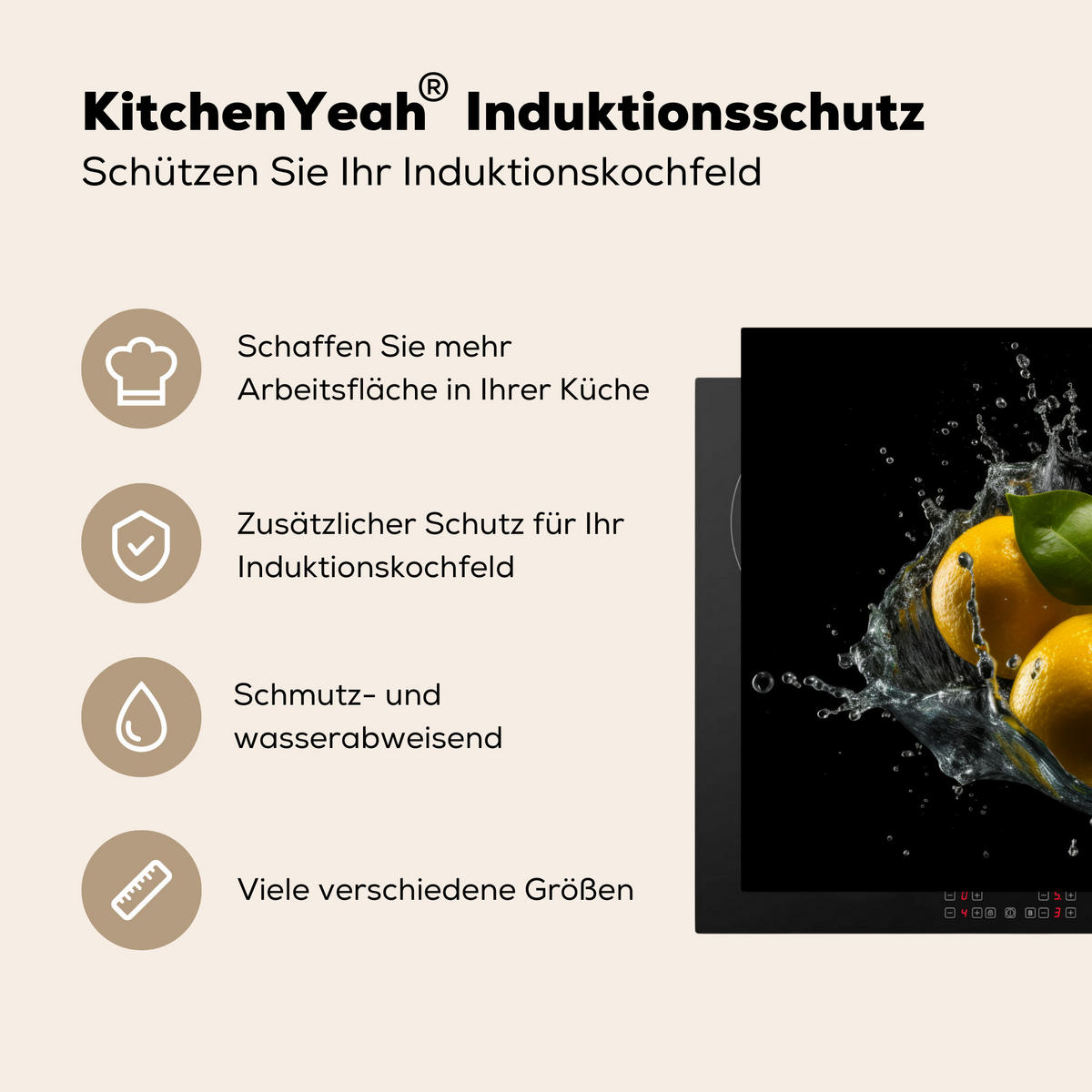 HERDABDECKPLATTE Zitrone - Obst - Gelb - Schwarz Induktionsschutz 80x52.2 cm - Gelb, Kunststoff (80.2/52.2/0.2cm) - MuchoWow