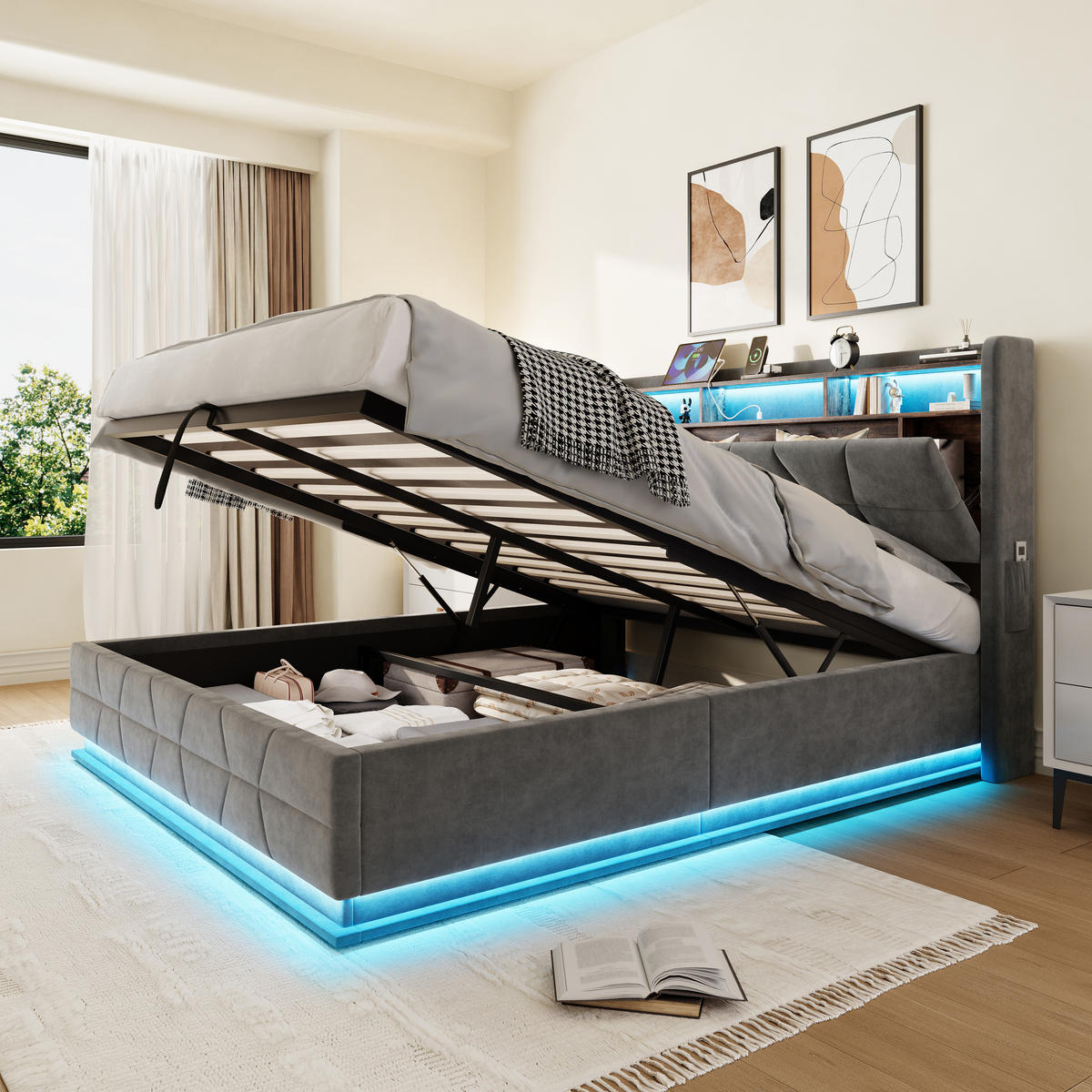 POLSTERBETT aus Velvet 160x200 cm in Dunkelgrau mit LED & USB/Type-C - Dunkelgrau, Textil (160/200cm) - Modfu