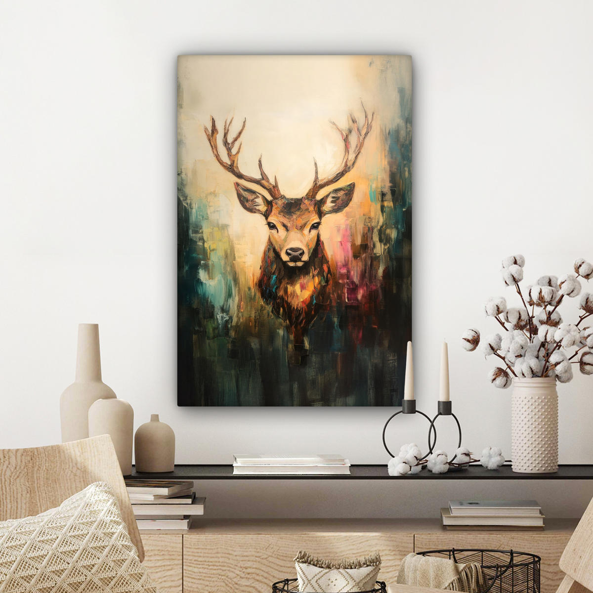 LEINWANDBILD Hirsch - Gemalt - Geweih - Braun Wanddeko 40x60 cm - Haselnussfarben, Textil (40/60cm) - MuchoWow
