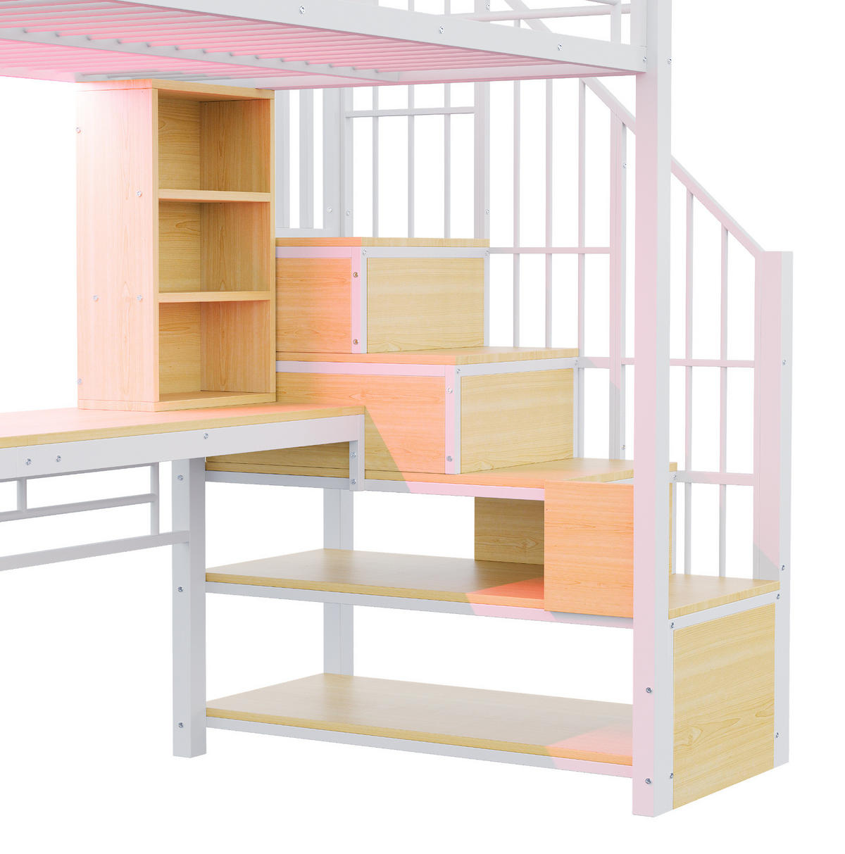 HOCHBETT 90/200 cm aus Metall und MDF mit Schreibtisch, LED und Stauraumtreppe Weiß - Weiß, Holzwerkstoff (90/200cm) - Modenvie