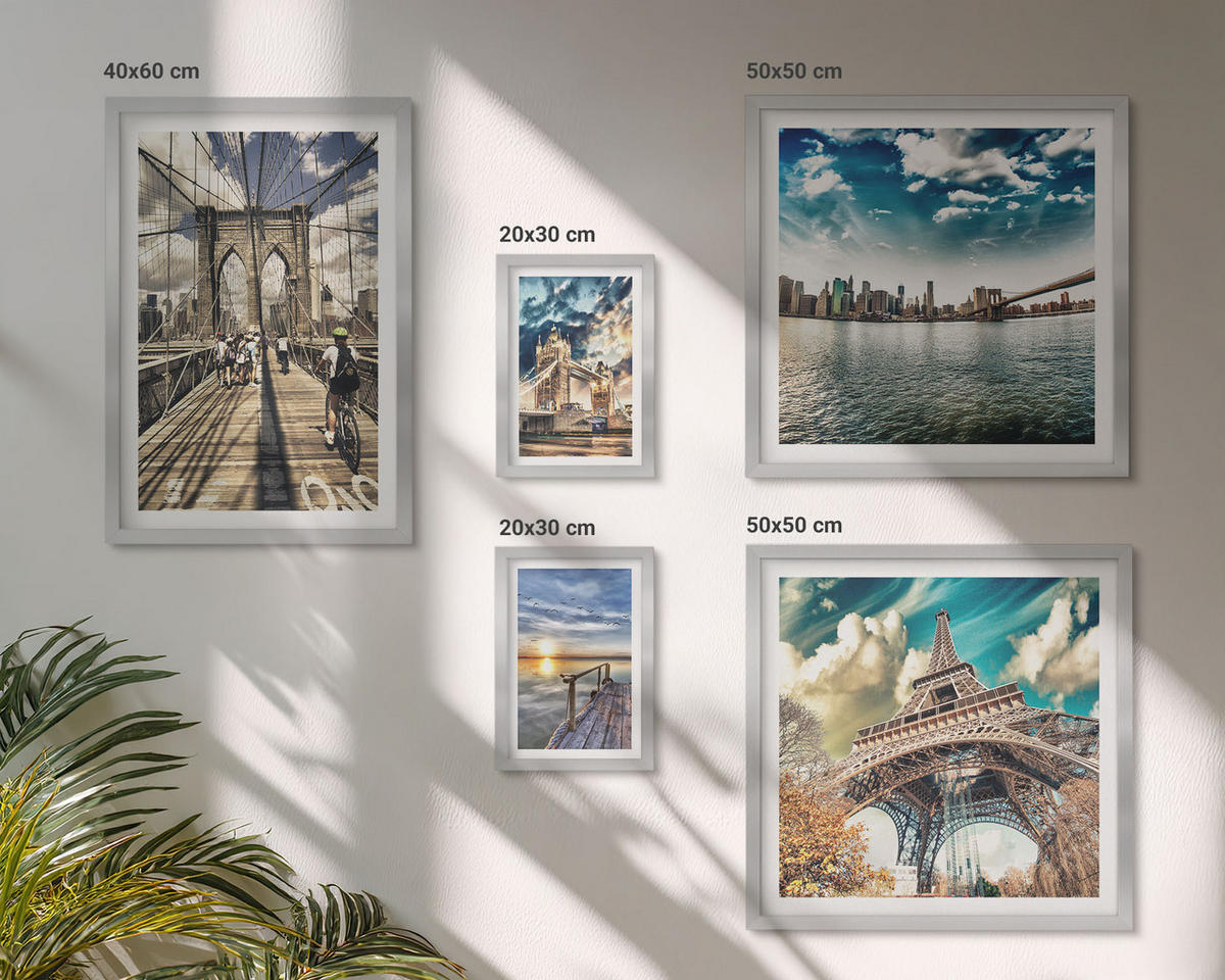 WANDBILDER 5er Set - 50x50 cm & 20x30 cm & 40x60 cm Silberner Rahmen - Abstrakte geometrische Formen - Silberfarben, Kunststoff (40/60cm) - ArtPrintCave