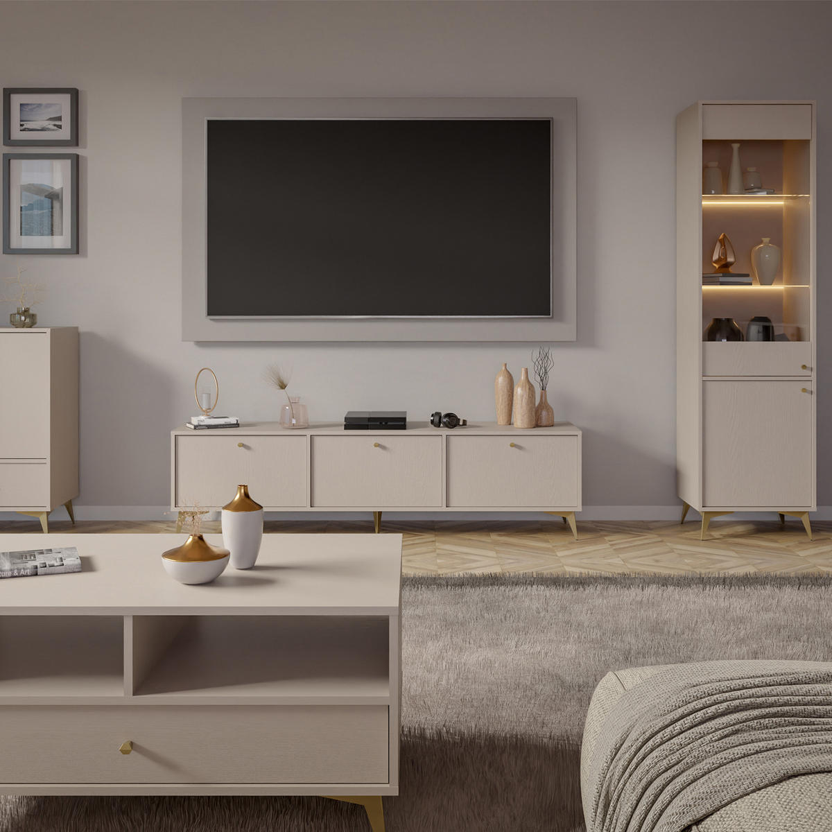 KOMMODE FLOREN, Creme/Gold - Creme, Holzwerkstoff/Metall (83.6/93.5/40.8cm) - KONSIMO®