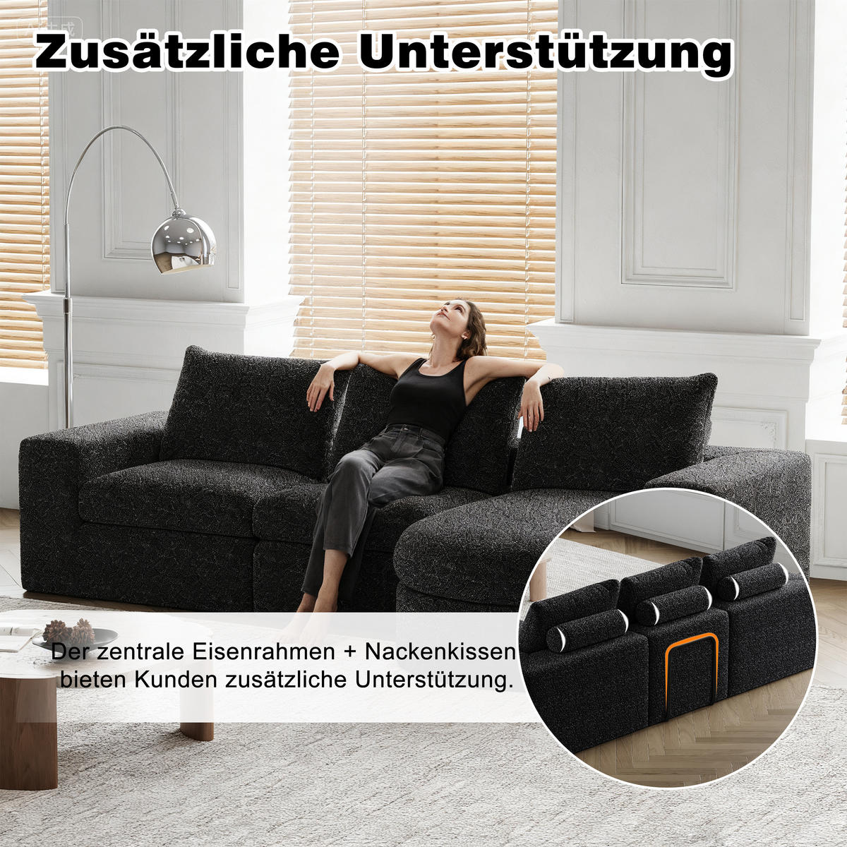SCHLAFSOFA aus Chenille mit Liegestuhl, montagefrei - Schwarz, Textil (251/81/160cm)