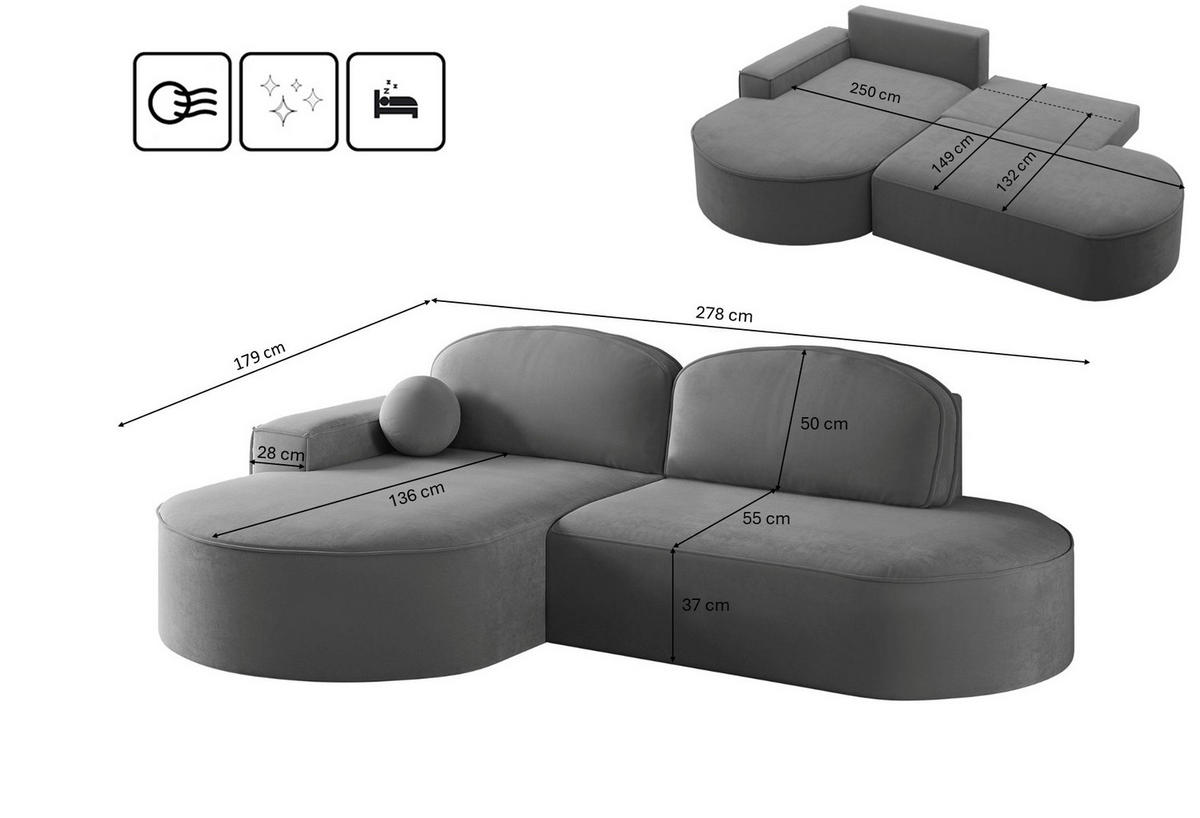 ECKSOFA mit Schlaffunktion und Bettkasten Modena Runden stoff Salvador Anthrazit Links - Anthrazit, Holz/Textil (179/278cm) - Kaiser Möbel