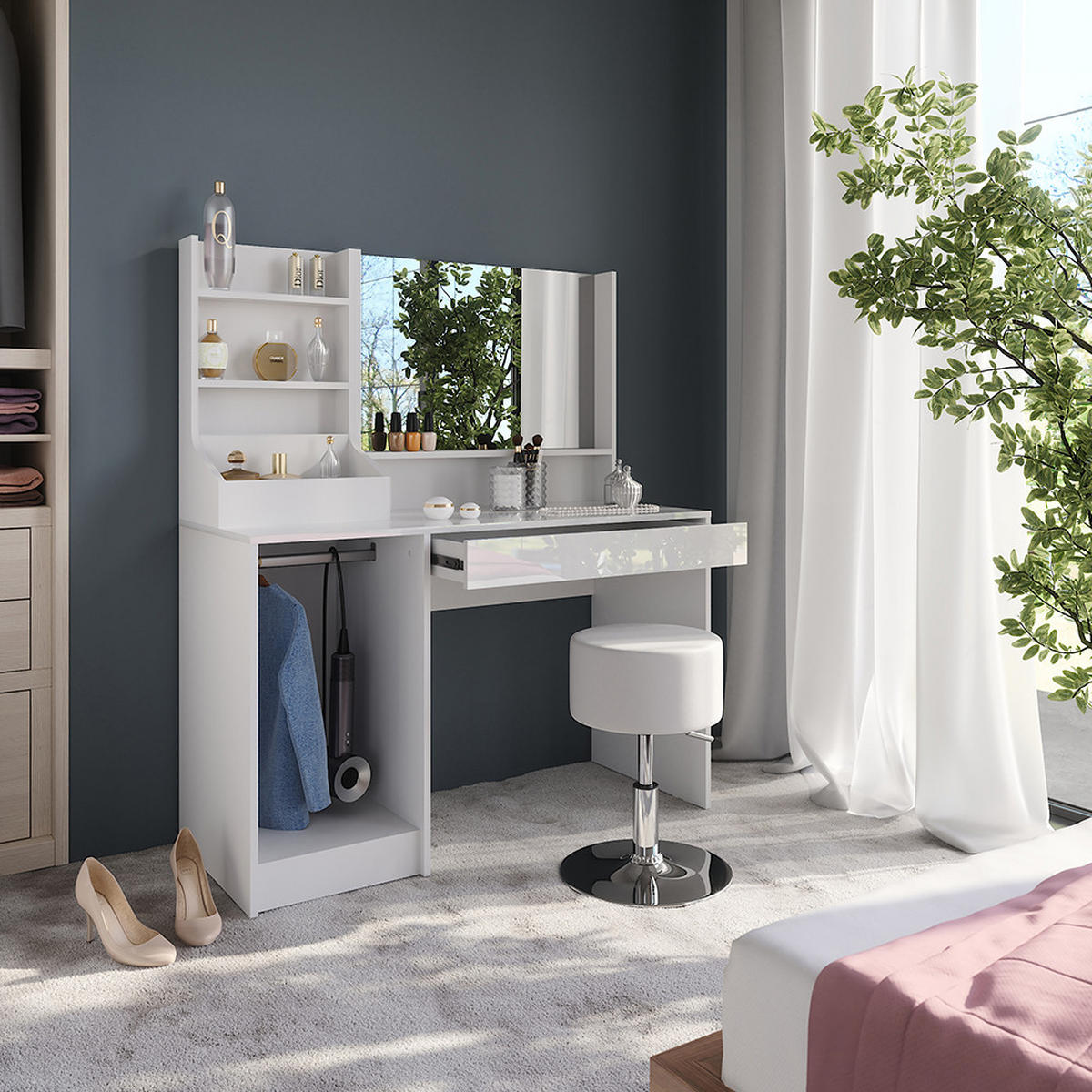 SCHMINKTISCH Sherry Weiß/Weiß Hochglanz 119.8 cm 4 Teile - Weiß Hochglanz, Holzwerkstoff (119.8/76/50.1cm) - Vicco