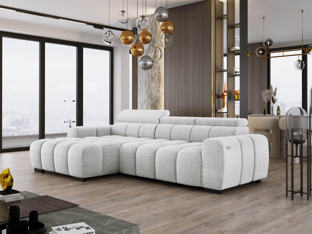 ECKSOFA OMBO 285x168x77/97 cm, Links, Schlaffunktion, elektr. Sitz, Kopfstützen, hydrophober EDEN-Stoff – Esche - Hellgrau, Holz/Textil (168/285cm) - DomoHome