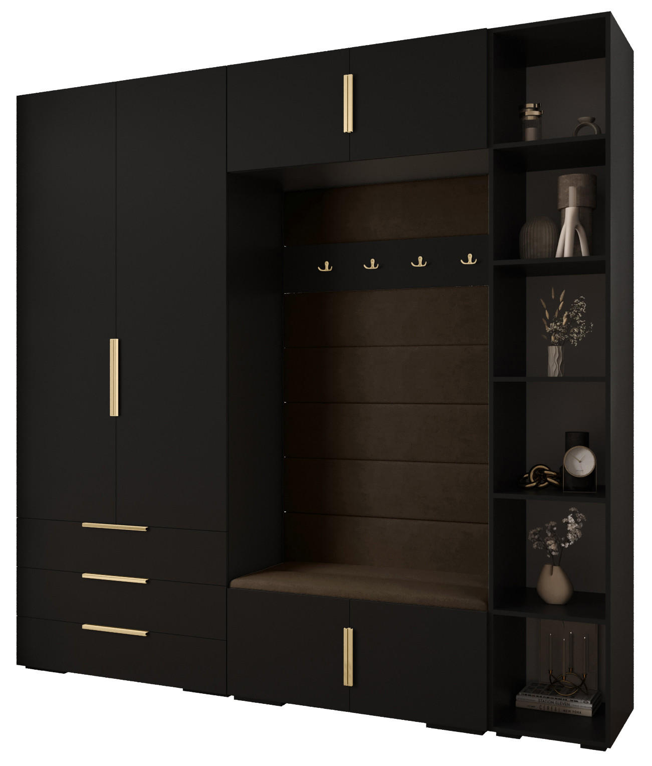 Abiks Möbel Garderoben-Set Schwarz, Braun, Gold 240x236.7x47 cm