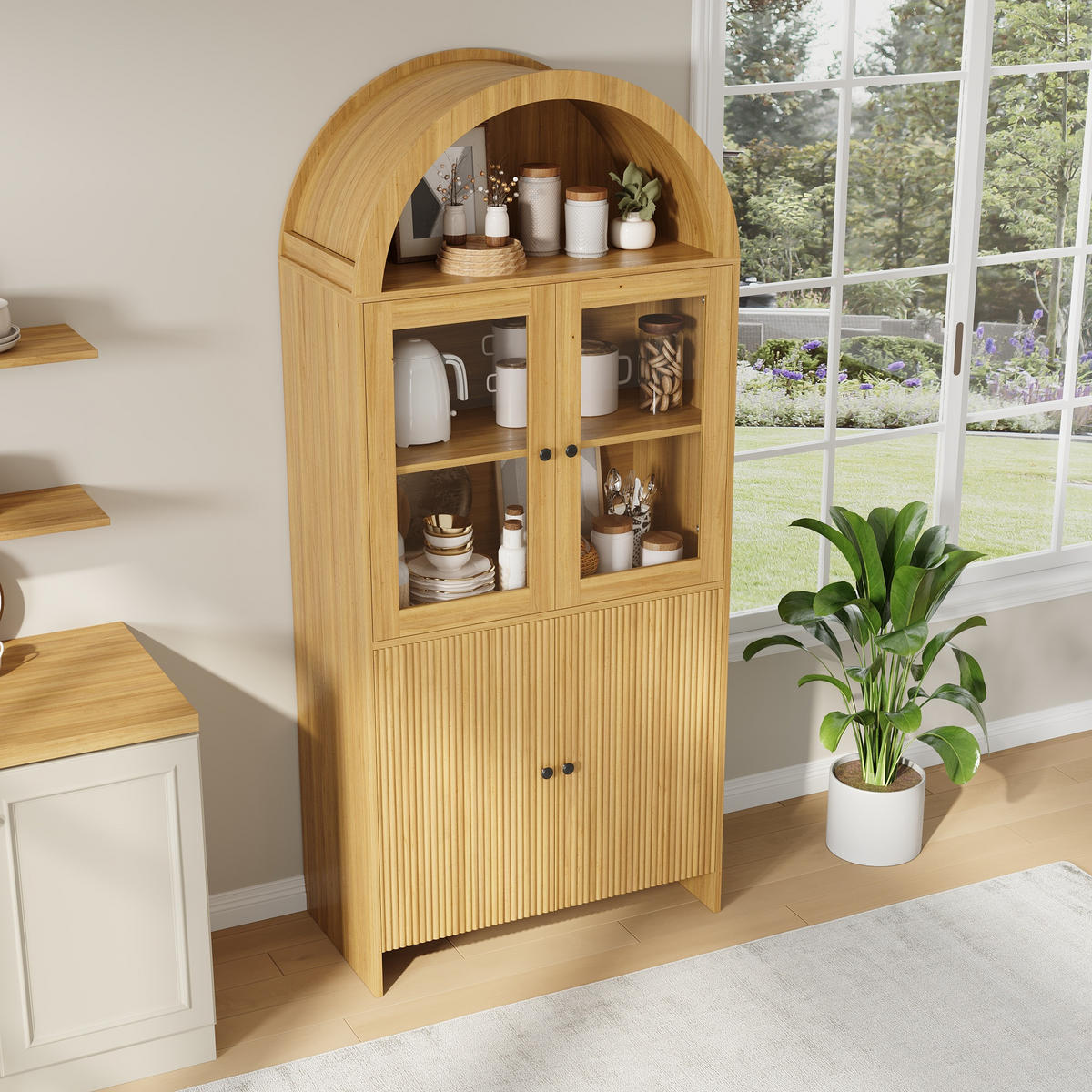 SIDEBOARD Bogen Glas Vitrine Wellenmuster - Naturfarben, Holzwerkstoff (78/176/40cm) - Fortuna Lai