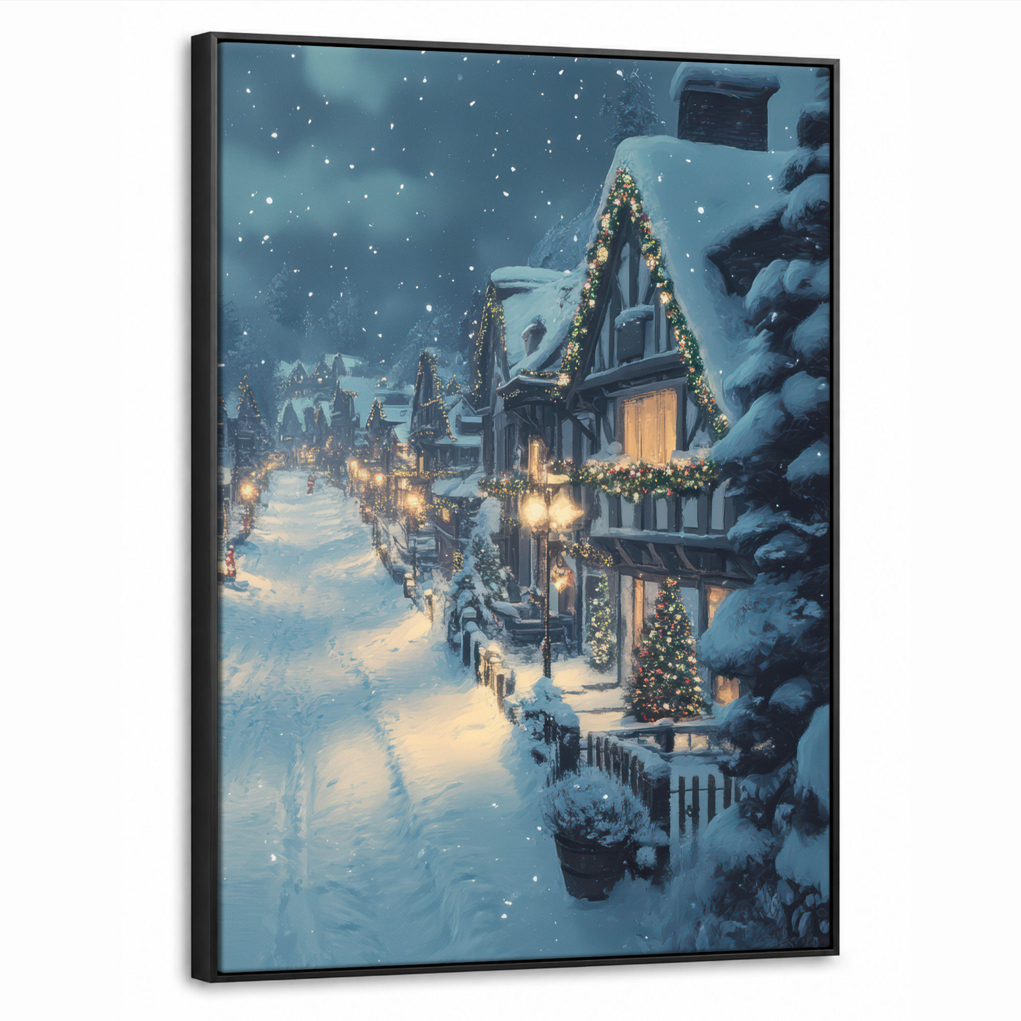 LEINWAND Bilder mit Rahmen - Weihnachtsdorf - Weihnachten - Schnee - Winter - 70x100 - Dunkelblau, Textil (70/100cm) - MuchoWow