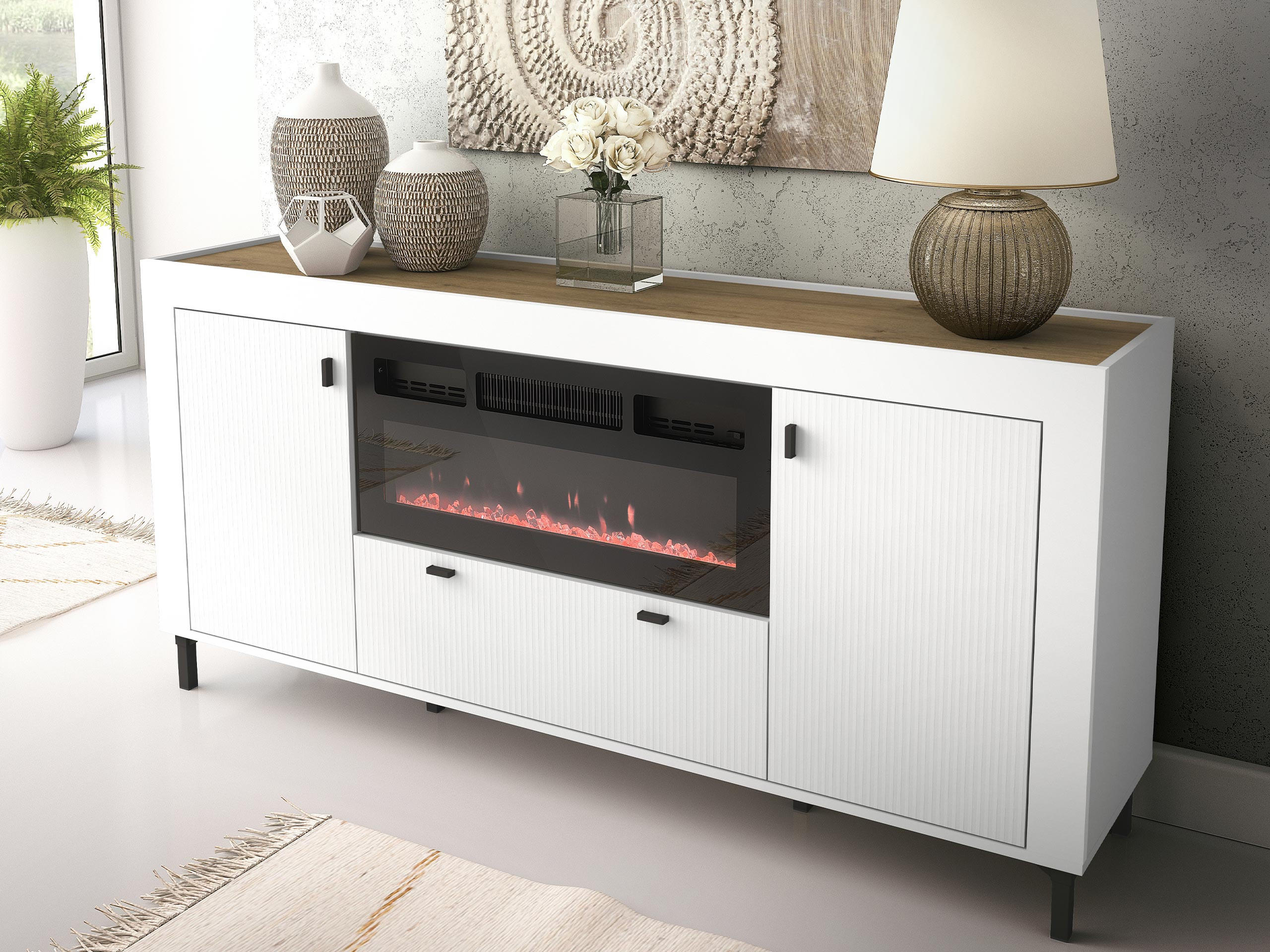 SIDEBOARD Mossa 2D1S MO07 mit Kamin - Schwarz/Weiß, Holzwerkstoff/Kunststoff (177/84/40cm) - MIRJAN24