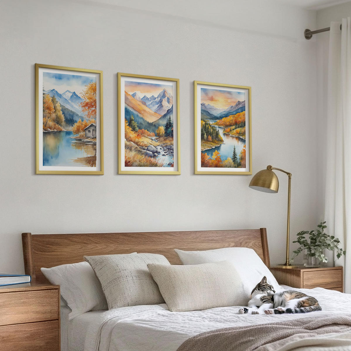 WANDBILDER 3er Set - 40x60 cm Goldrahmen - Berglandschaft, Fluss, Herbst - Goldfarben, Kunststoff (40/60cm) - ArtPrintCave