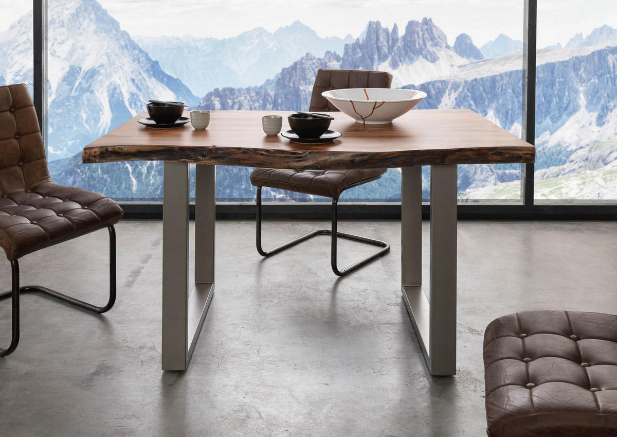 BAUMTISCH Akazie 140x90x77 natur lackiert / U-Beine silber matt FREEFORM 5 - Silberfarben/Naturfarben, Holz (140/90/77cm) - Massivmoebel24