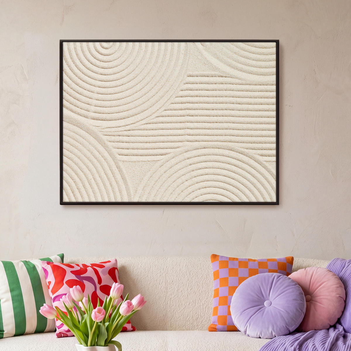 LEINWAND Bilder mit Rahmen - Muster - Abstrakt - Weiß - 100x70 - Beige, Textil (100/70cm) - MuchoWow