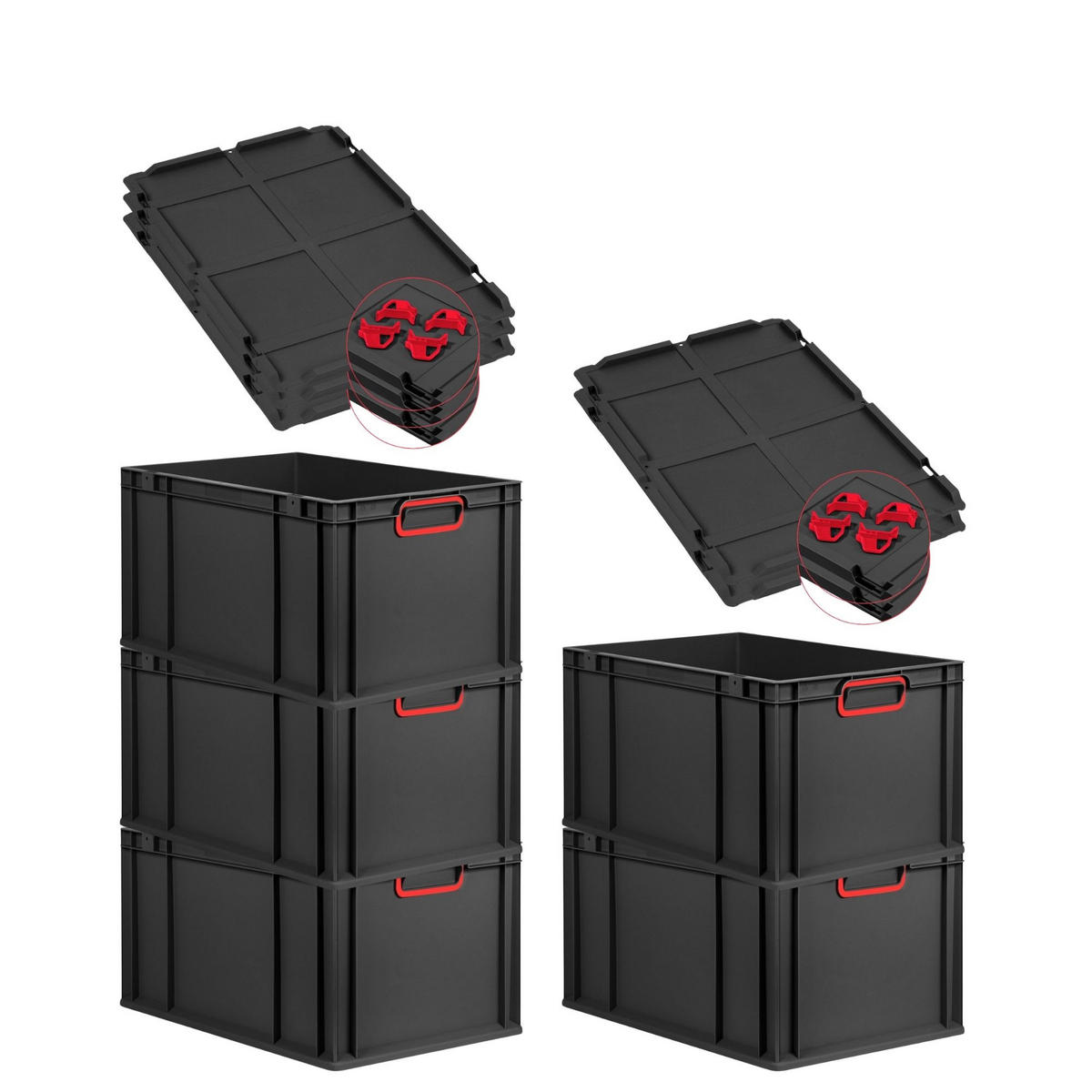 EUROBOX 5x NextGen Color mit Auflagedeckel 32x40x60 cm 65 Liter Schwarz Griffe rot zu - Rot/Schwarz, Kunststoff (40/32/60cm) - PROREGAL