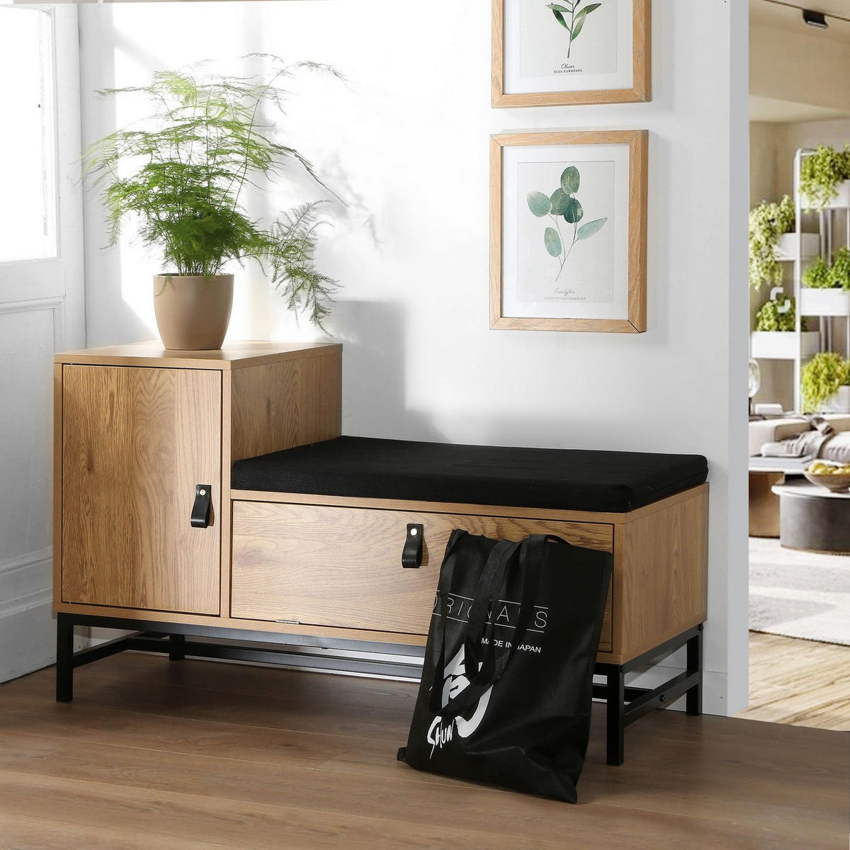 SCHUHBANK mit 2 Aufbewahrungsfächern jill 101/38/59 cm - Eschefarben, Holzwerkstoff (101/59/44cm) - Calicosy