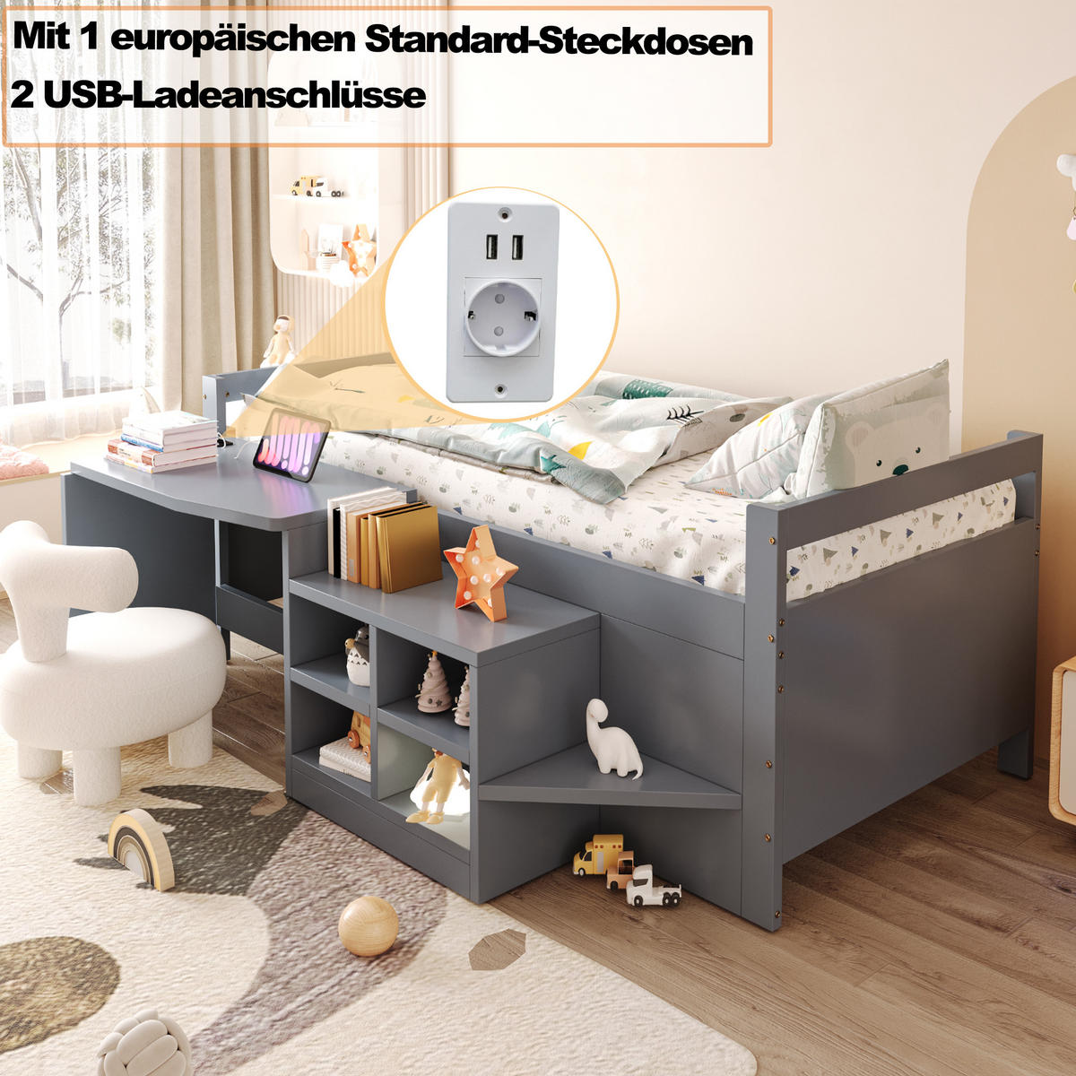 KINDERBETT 90/200 cm grau aus Holz und MDF mit Tisch und Stauraum - Grau, Holzwerkstoff (90/200cm) - OKWISH