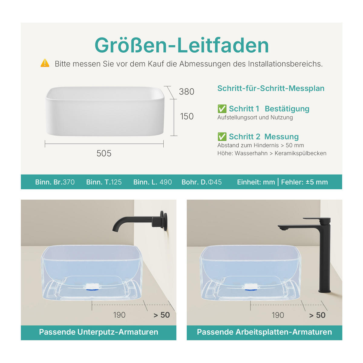 WASCHBECKEN Keramik Rechteck Abgerundetes Design R Mattweiß 50,5 / 38 / 15 cm - Weiß, Keramik (38/15/50.5cm) - EMKE