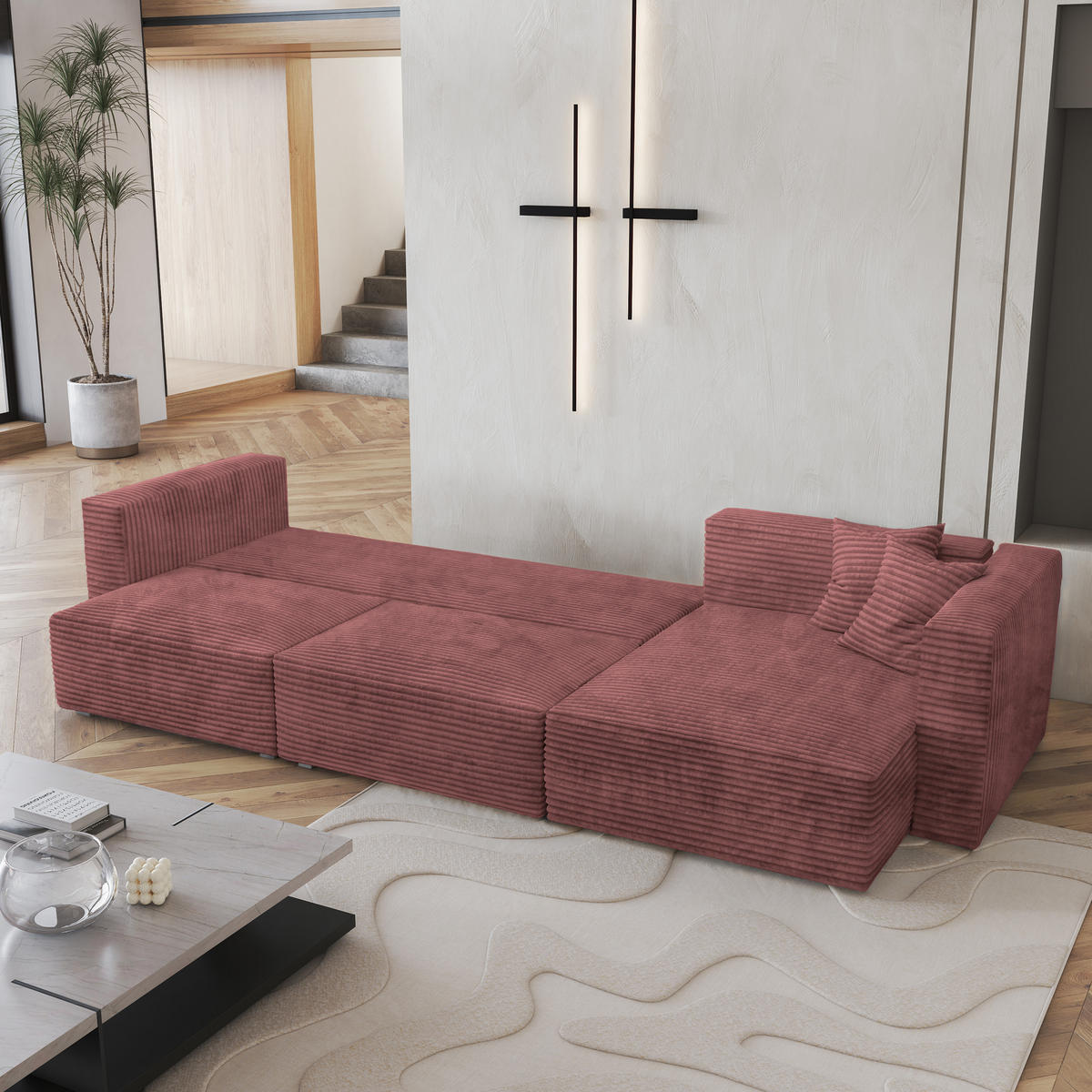 ECKSOFA TOLMO Rosa Kordstoff mit Schlaffunktion - Rosa, Holz (347/148cm) - MASSENO