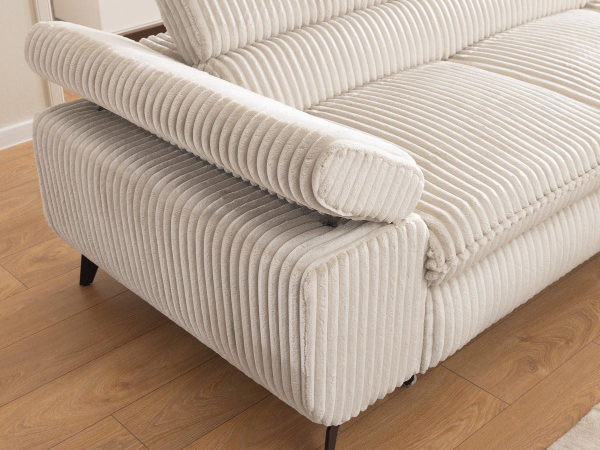 ECKSOFA mit Schlaffunktion und Bettkasten Bonnie aus Creme Cord-Stoff mit verstellbaren Kopfstützen und Armlehne - Ottomane rechts - Creme/Schwarz, Holz/Textil (275/210cm) - S-Style Möbel