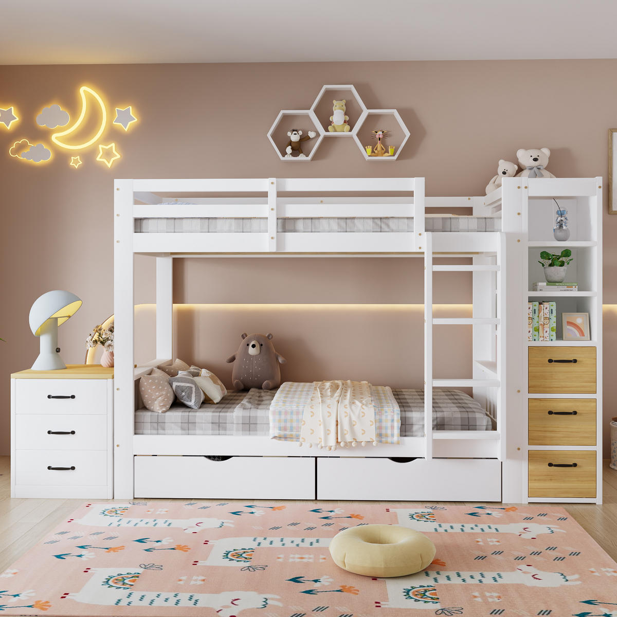 ETAGENBETT 90/200 cm mit 2 Bettkästen und Stauraumregal, DE-41776, in Weiß/Natur - Weiß, Holzwerkstoff (90/200cm) - ComfortXL