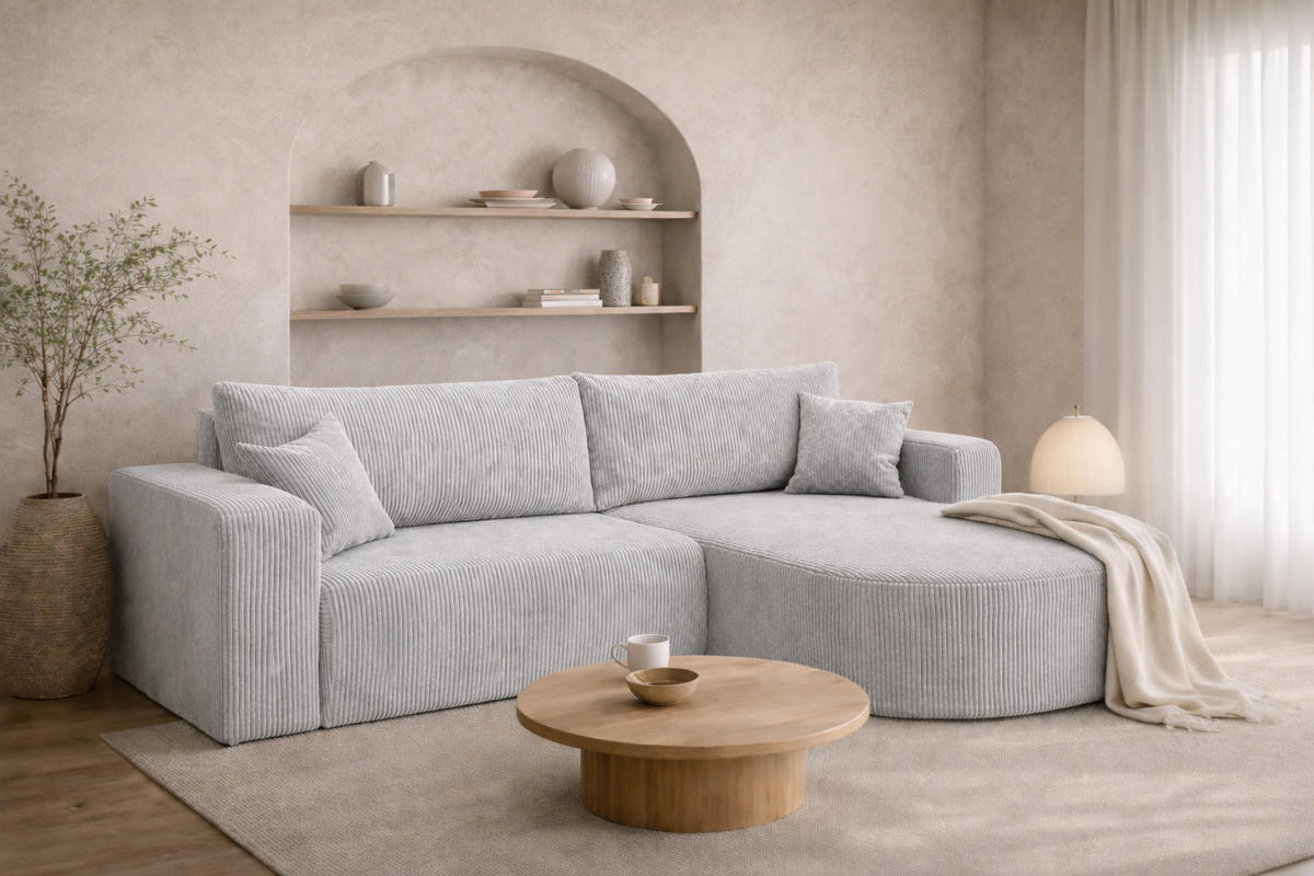 ECKSOFA Mit Schlaffunktion, Cordstoff Poso, Hellgrau, Rechts, ROUND ONE - Hellgrau, Holz (244/175cm) - Kaiser Möbel